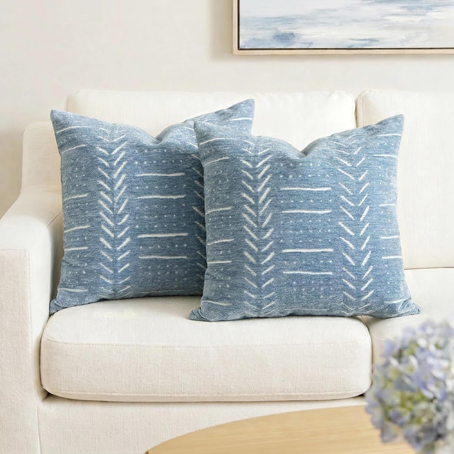 BlissBlush Coastal Blue Decorative Throw Pillow Covers 20x20 Set of 2, Soft Woven Chenille Accent Pillow Covers for Couch Sofa Bed…