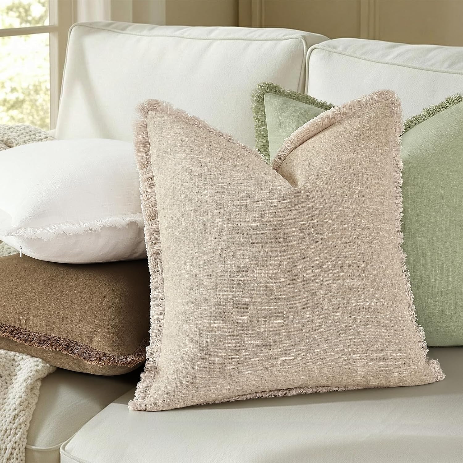 decorUhome Summer Decorative Neutral Linen Fringe Euro Sham Throw Pillow Covers Set of 2 Cream White Pillow Covers with Tassels Soft Farmho…