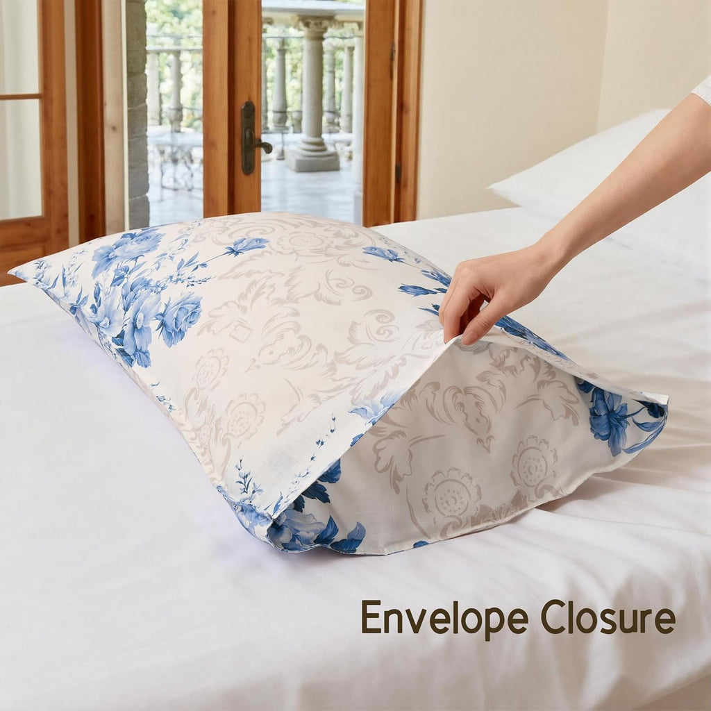 Chuffed 100% French Linen Pillow Cases Porcelain Bloom Print, Farmhouse Floral Stone Washed Pillow Shams with Envelope Closure Soft Breatha…