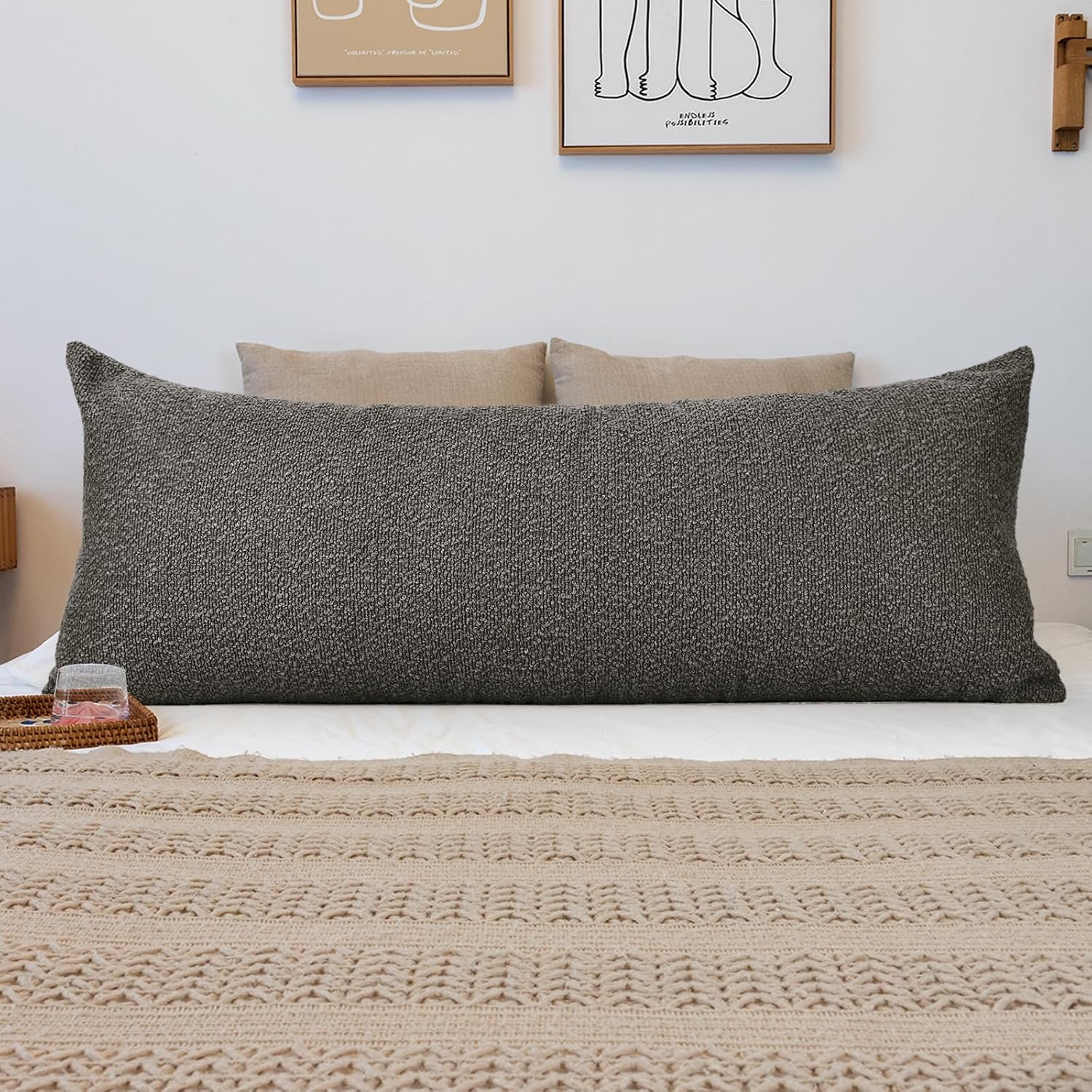 JoraLion 20x54 inch Neutral Boucle Body Pillow Cover, Dark Grey Long Pillow Cover Cozy Soft Cushion Case for Couch Sofa Bed Living Room…