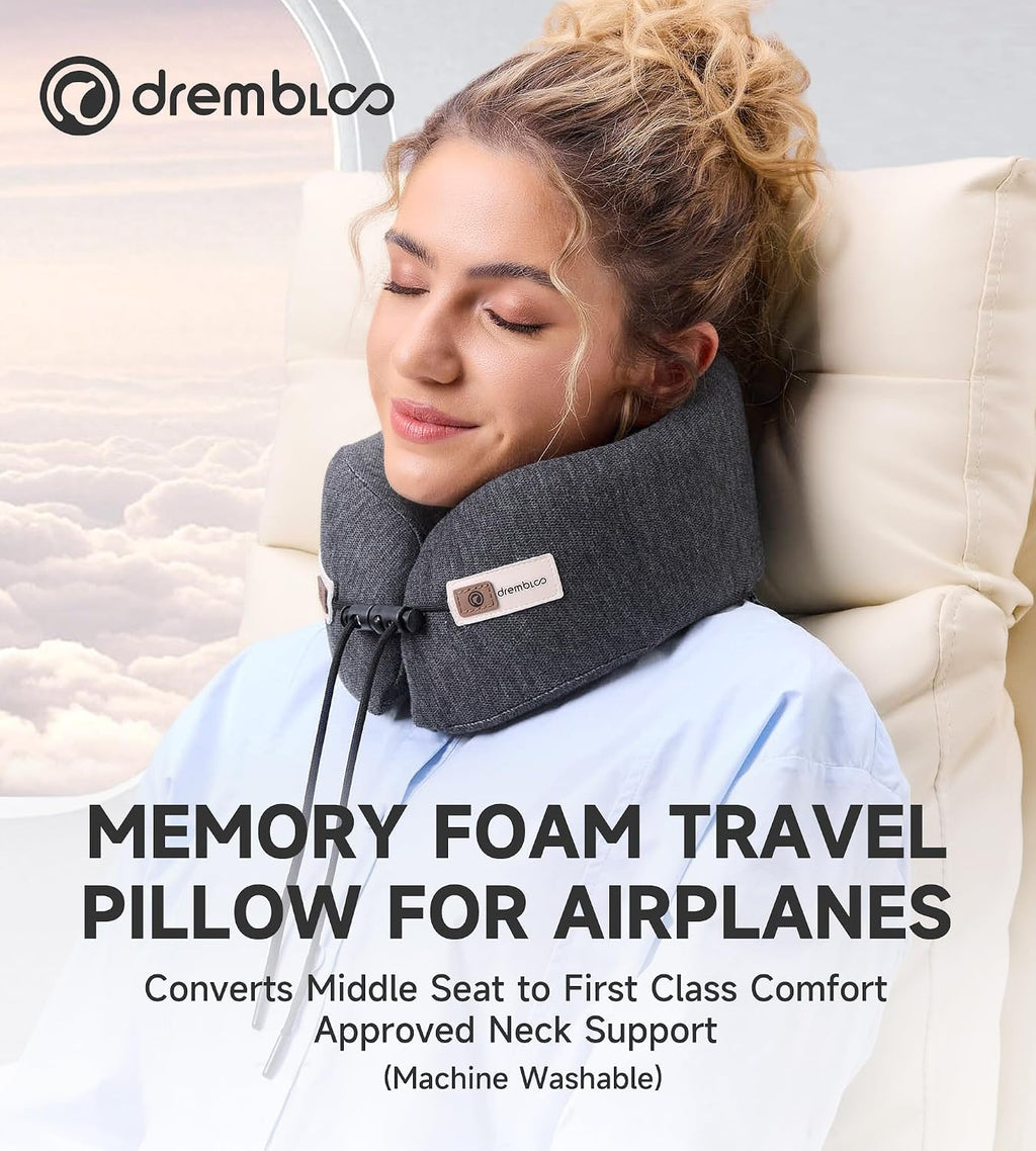 drembloo Travel Neck Pillow for Airplane, Memory Foam 360° Ergonomic Support for Sleeping on Long Flights, Compact Portable Sleep Essential…