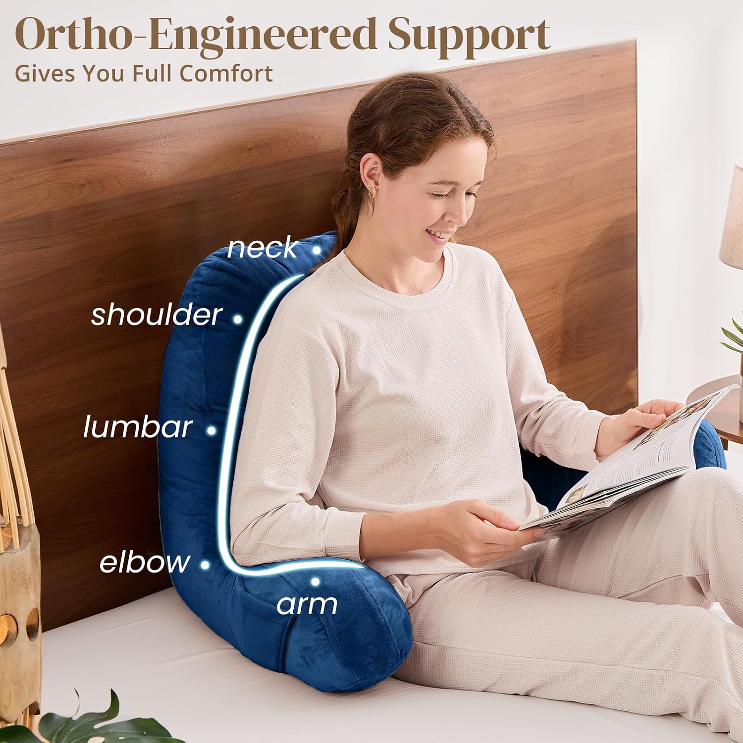 Sasttie Reading Pillow, Pillows for Reading or Relaxing – Ergonomic Support for Head, Neck, Back, and Lumbar, 23-Inch, Navy Blue Blue