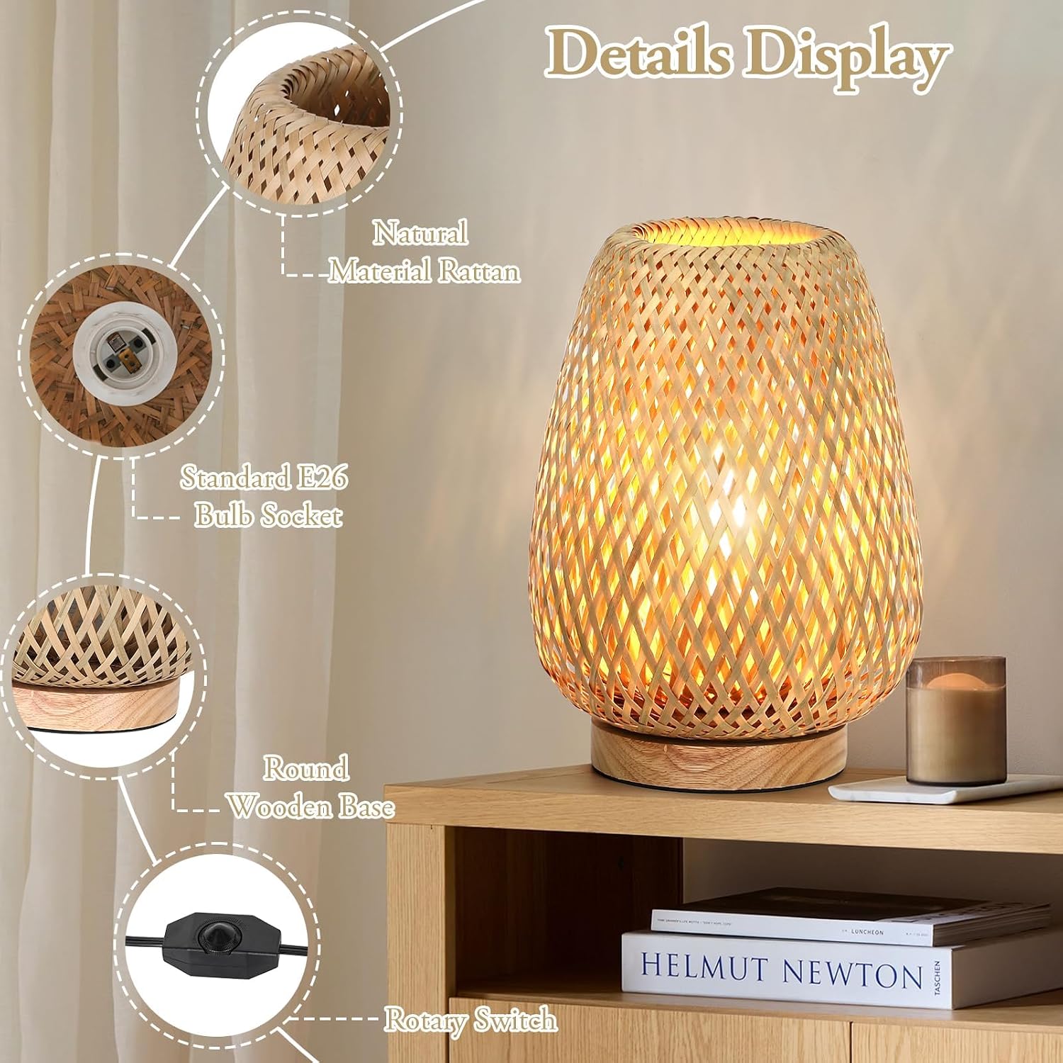 Brightever Rattan Table Lamp, Stepless Dimmable Small Beside Lamp, Vintage Wicker Wooden Nightstand Boho Bamboo Woven End Table Lamps for B…