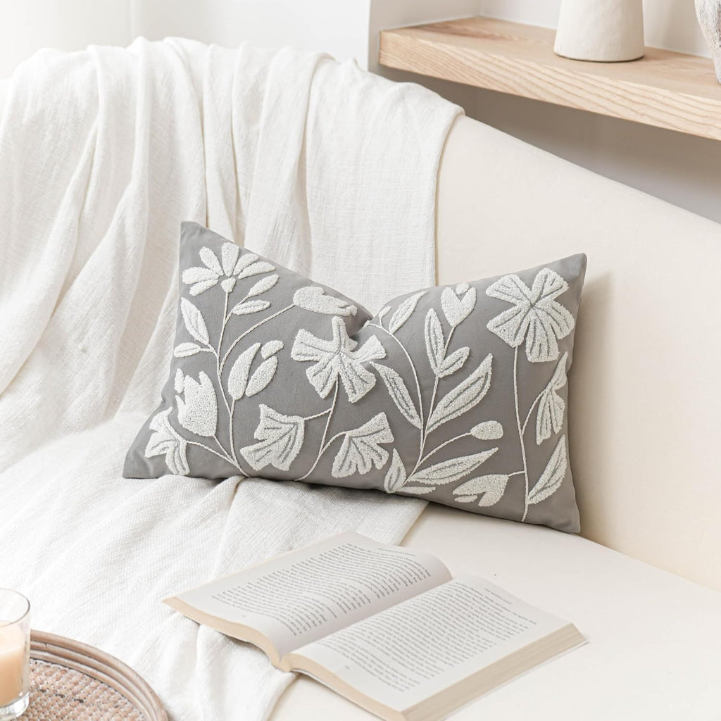 BlissBlush Gray Floral Lumbar Pillow Cover 12x20 Inch, Velvet Rectangle Throw Pillow Cover Soft Decorative Farmhouse Accent Couch Pillow…