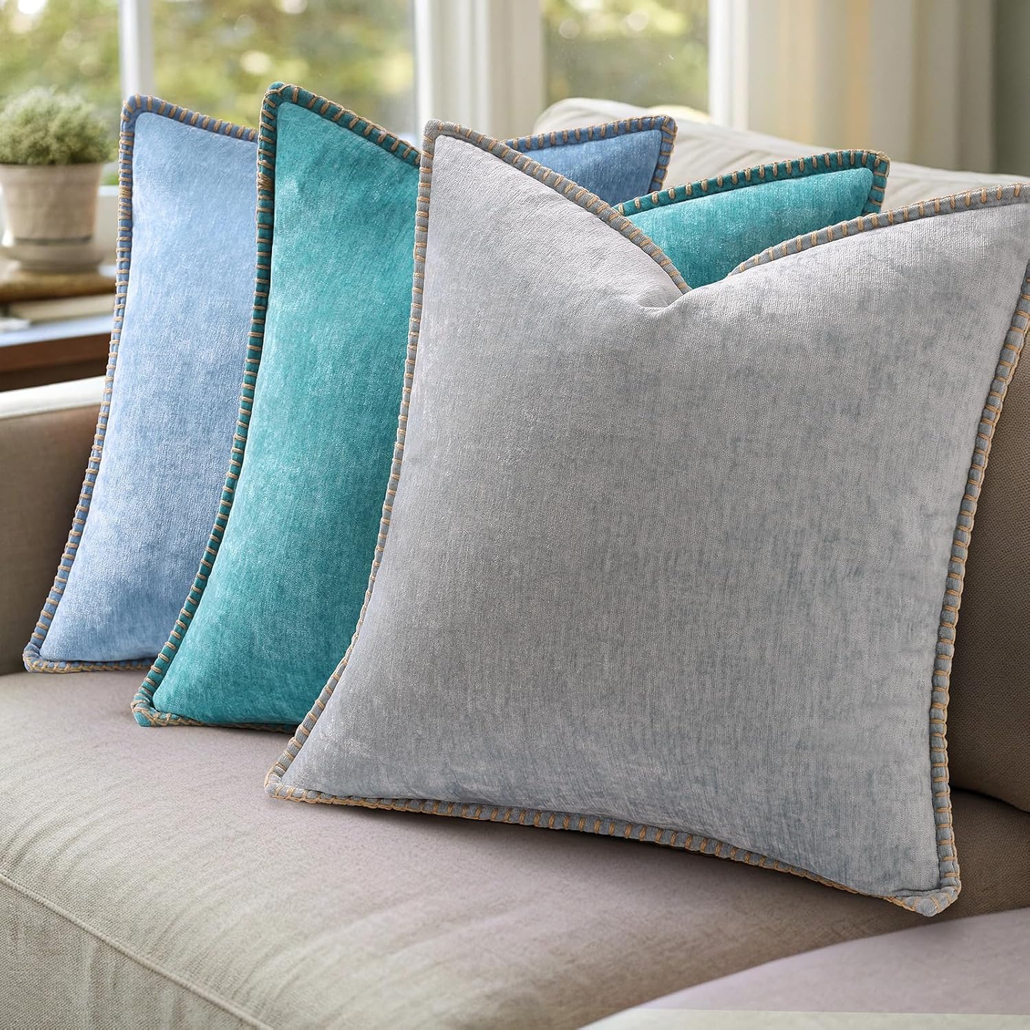 decorUhome Chenille Soft Cozy Throw Pillow Covers 18x18 Set of 2, Modern Farmhouse Boho Velvet Decorative Pillow Cases with Stitched Edge f…