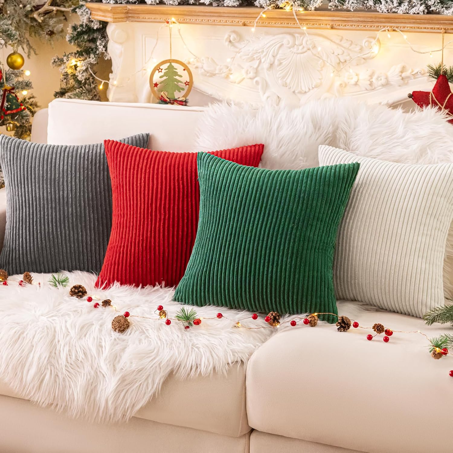Softalker Spring Pillow Covers 16x16 Set of 2, Super Soft Boho Striped Corduroy Pillow Cover, Outdoor Decorative Throw Pillows for Sofa Cou…