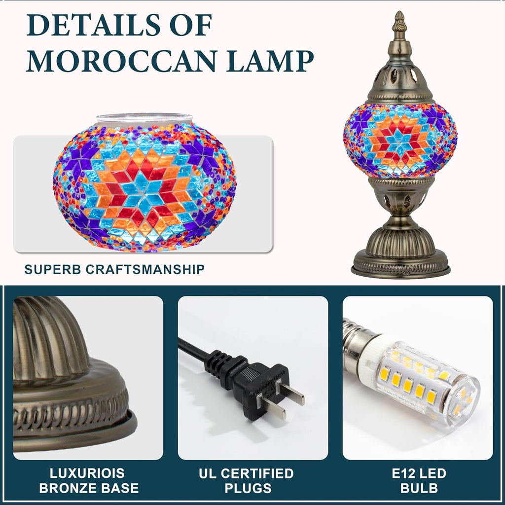 Marrakech Stained Glass Lamp Moroccan Lamps with Tiffany Style, Handmade Turkish Mosaic Lamps with Bronze Base Including LED Bulb for…