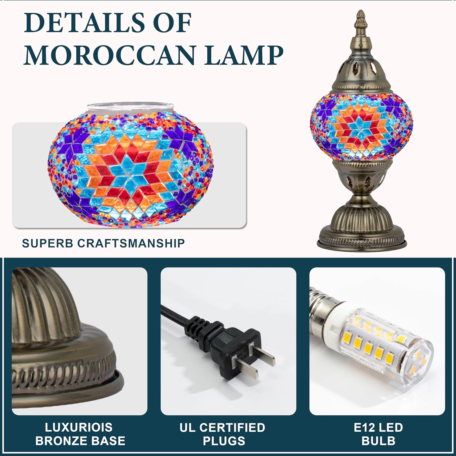 Marrakech Stained Glass Lamp Moroccan Lamps with Tiffany Style, Handmade Turkish Mosaic Lamps with Bronze Base Including LED Bulb for…