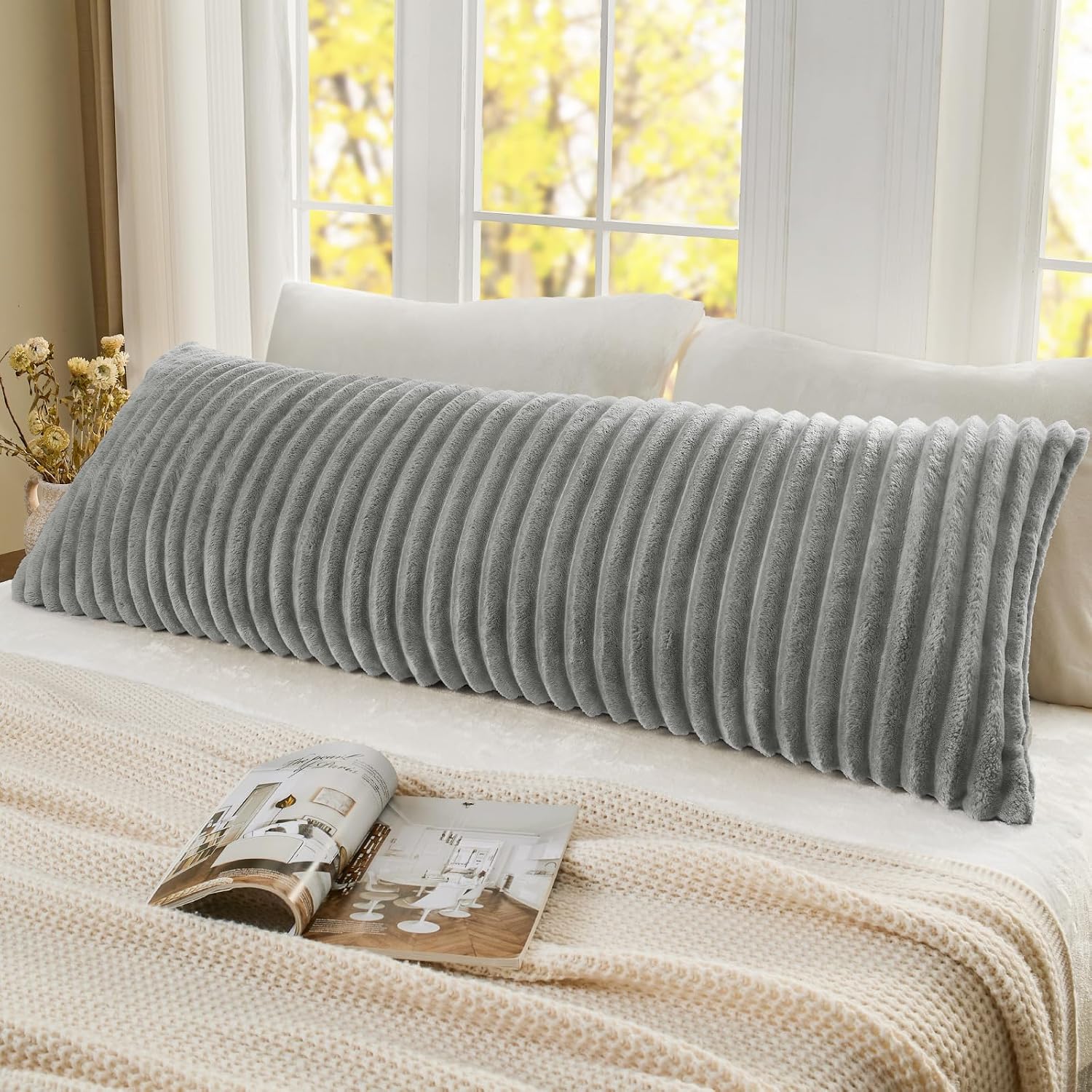 Bedelite Fluffy Faux Fur Body Pillow Cover with Zipper, Luxury Plush 3D Striped Pillow Cover 20x54 Inches, Super Soft and Cozy Long Body Pi…