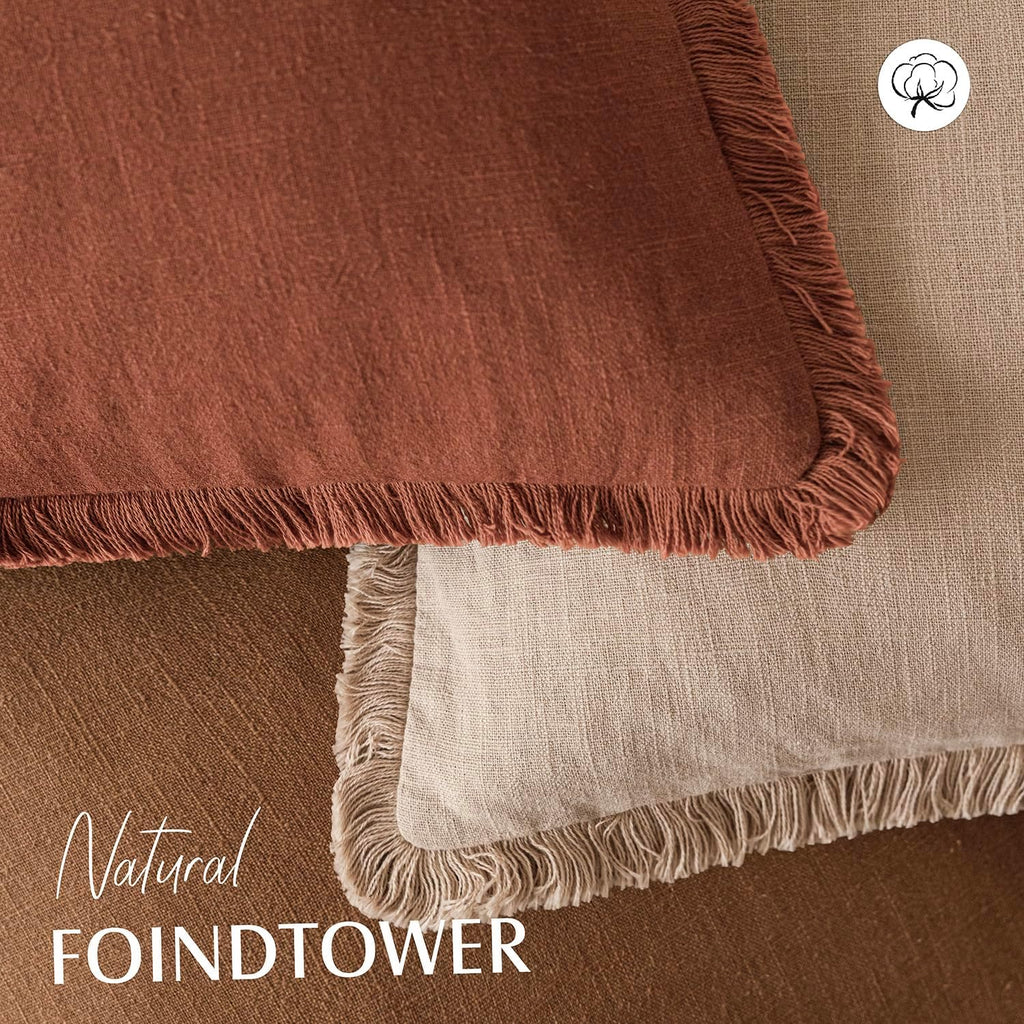 Foindtower Set of 2 Decorative Linen Fringe Throw Pillow Covers Farmhouse Cushion Cover with Tassels Soft Accent Pillowcase for Couch…