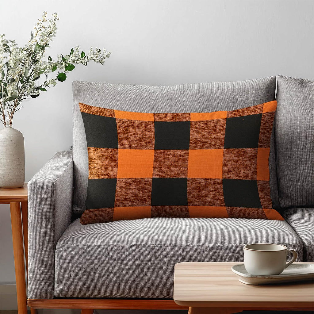 HOMETITUTE Pillow Covers Decorative Pack of 2 Satin 12x20 Inch Orange Black Buffalo Plaid Art Lumbar Throw Pillow Cases for Sofa Couch…