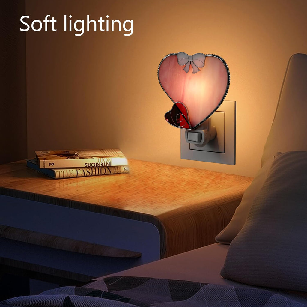 KY&BOSAM Stained Glass Heart Night Lights Plug into Wall 1-Pack 7W Dusk to Dawn 3000K Warm Pink Bright Nightlight with Switch On/Off for…