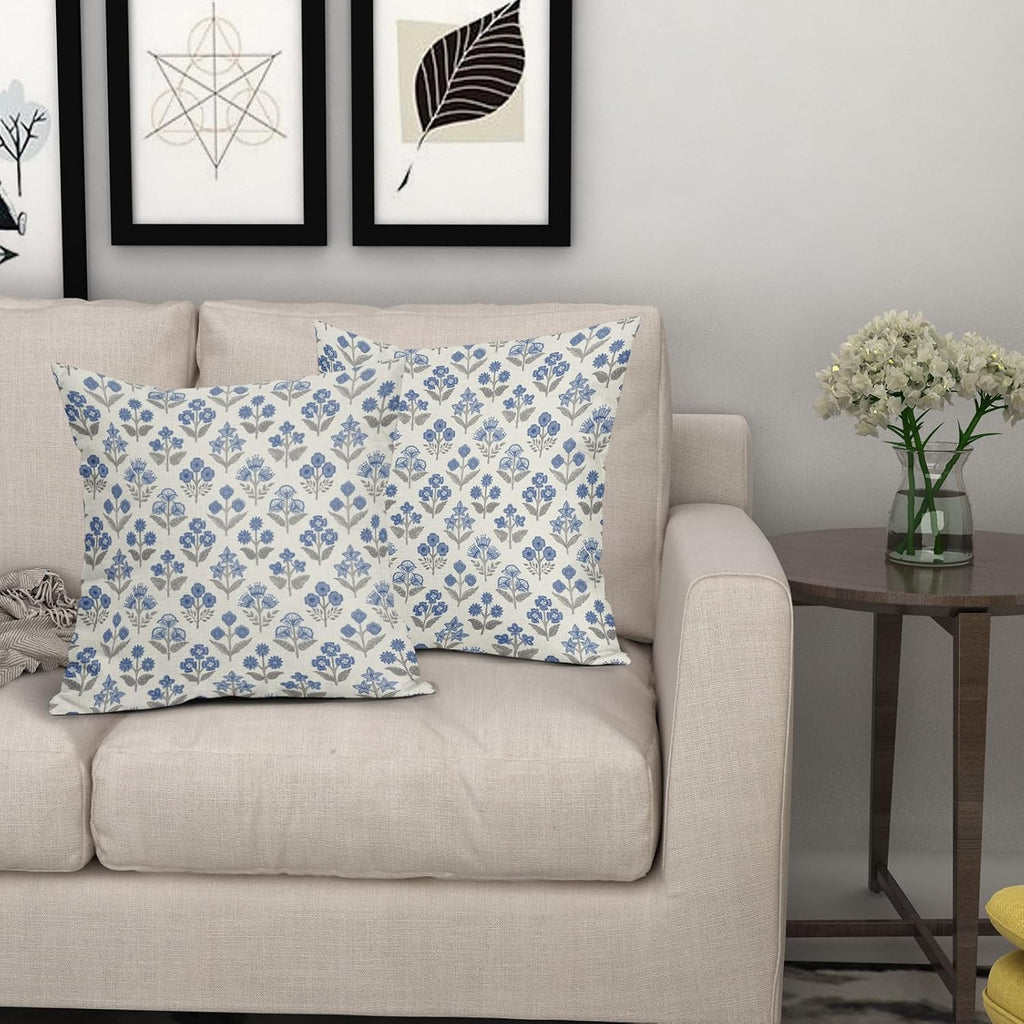 Blue Grey Gray Floral Pillow Covers 22x22 Inch Set of 2, Vintage Flower Block Print Pattern Decorative Throw Pillowcases Outdoor…