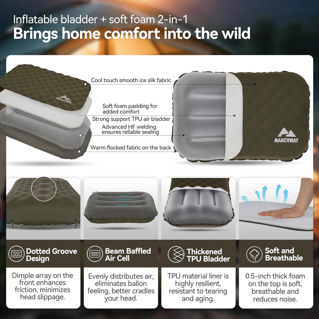 MARCHWAY Inflatable Camping Pillow with Soft Foam Top & TPU Air Bladder, Dual-Sided Support for All-Season, Lightweight Compact Travel…