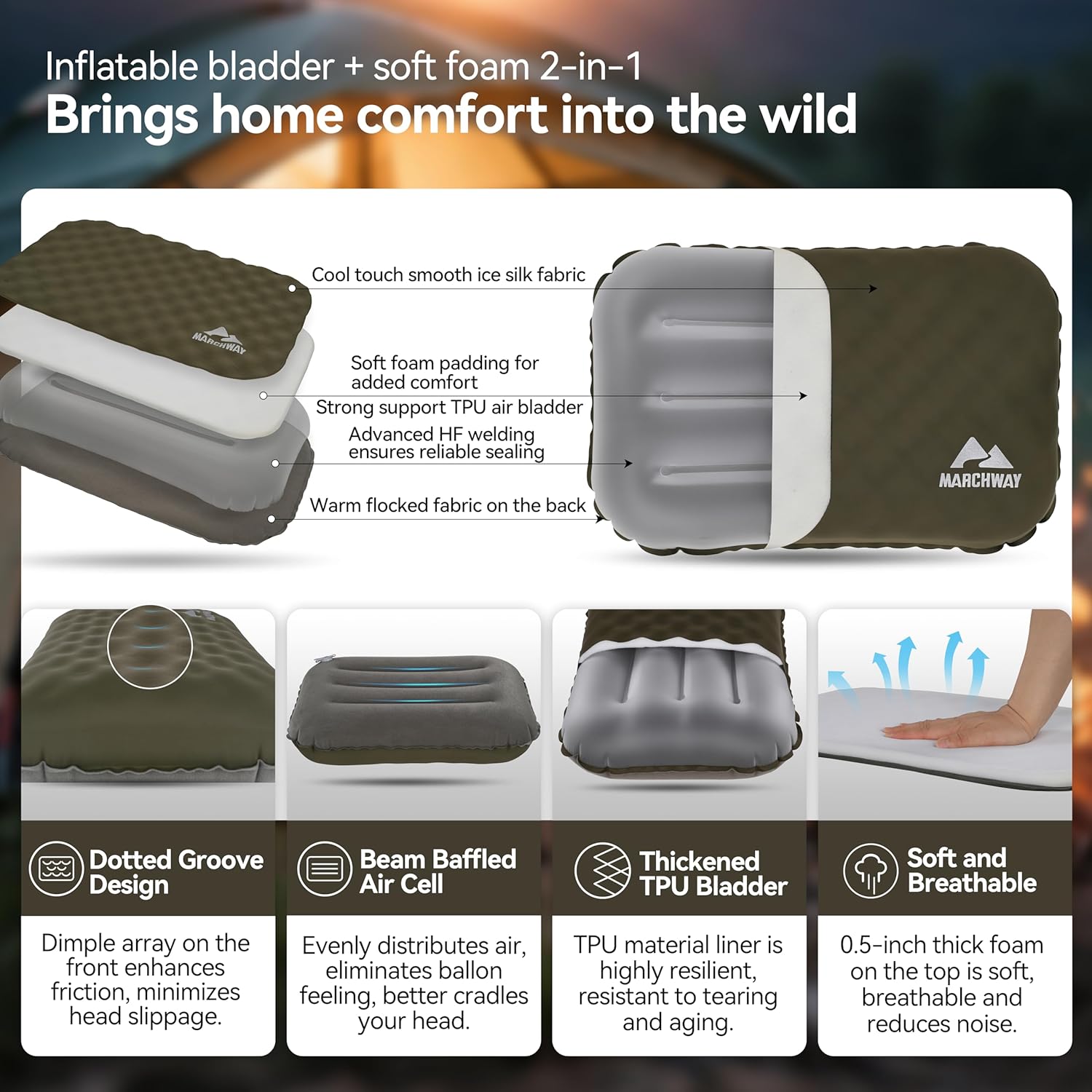 MARCHWAY Inflatable Camping Pillow with Soft Foam Top & TPU Air Bladder, Dual-Sided Support for All-Season, Lightweight Compact Travel…
