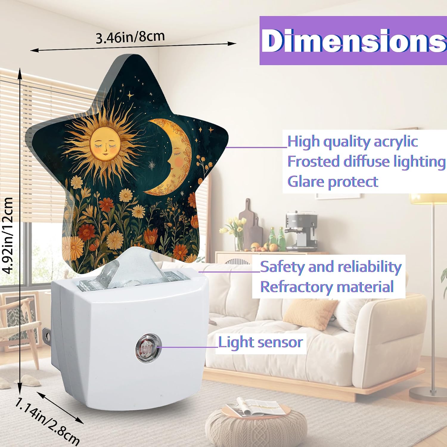 Energy Efficient Nightlights Plug in Wall, Boho Sun Moon Night Light for Kids Bedroom Decorative, Vintage Flowers Dusk-to-Dawn Sensor…