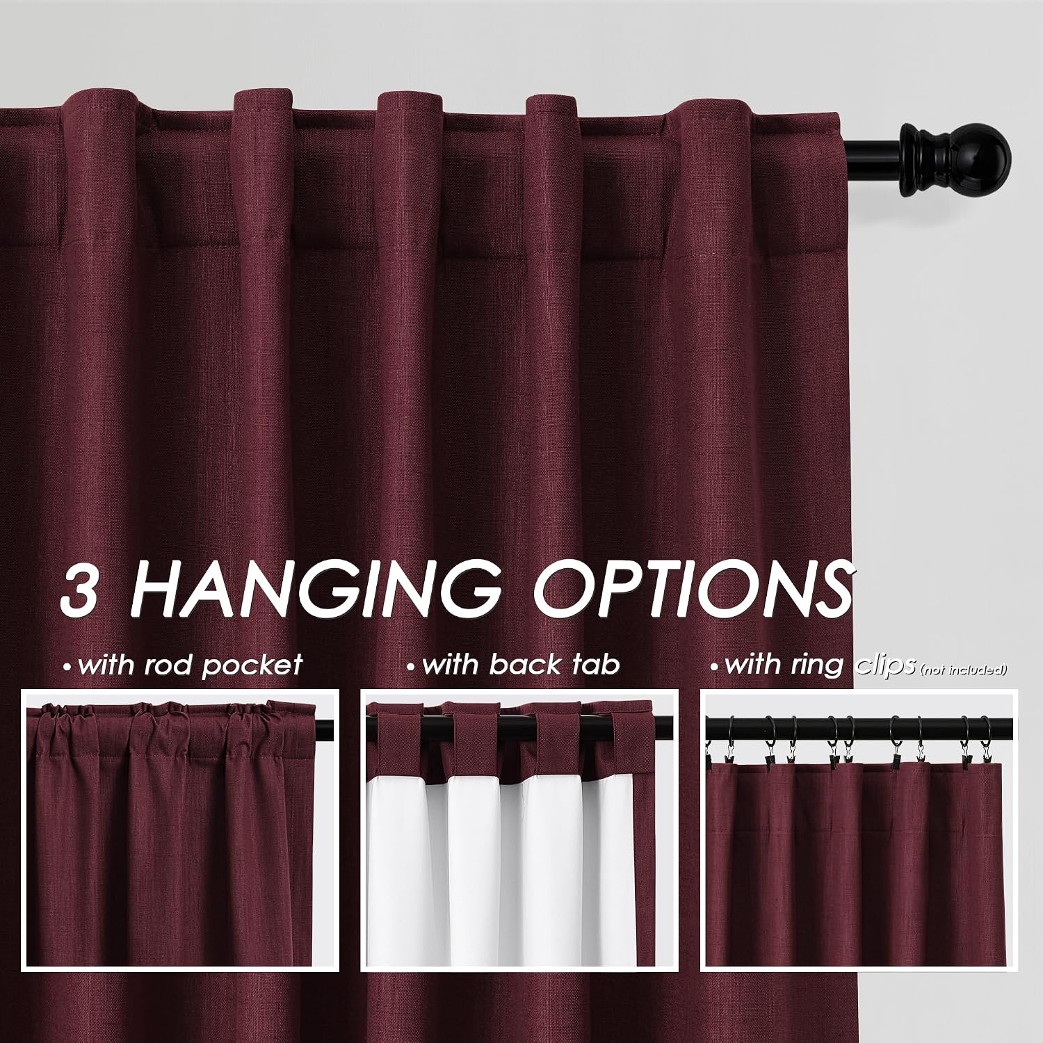 Nanspring Burgundy 100% Blackout Linen Curtains for Bedroom 90 Inches Long Back Tab Thermal Insulated Vintage Rustic Decor Black Out Curtai…