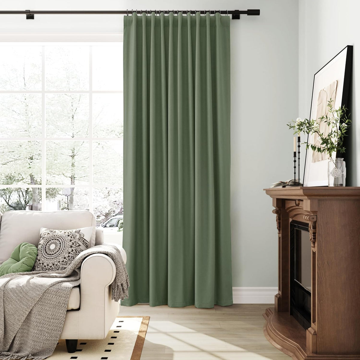 Guken Olive Green Linen 100% Blackout Curtains 63 Inch Length Back Tab Elegant Home Decor Room Darkening Black Out Insulated Door Privacy C…