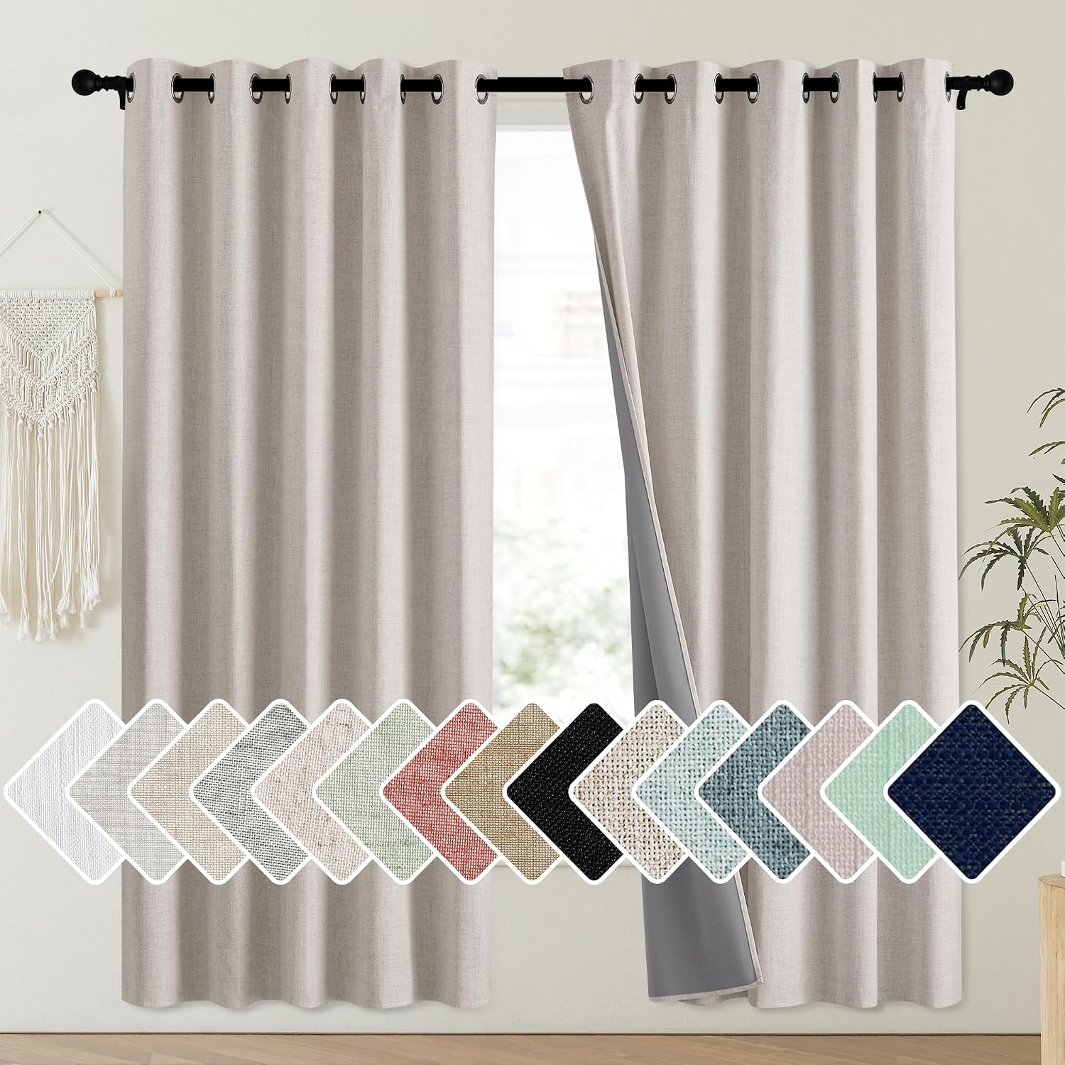 NICETOWN Brich Vintage Open Linen Weave Flax Thermal Curtains, 100% Blackout Curtains 72" Long for Dining Room, Soundproof Window…
