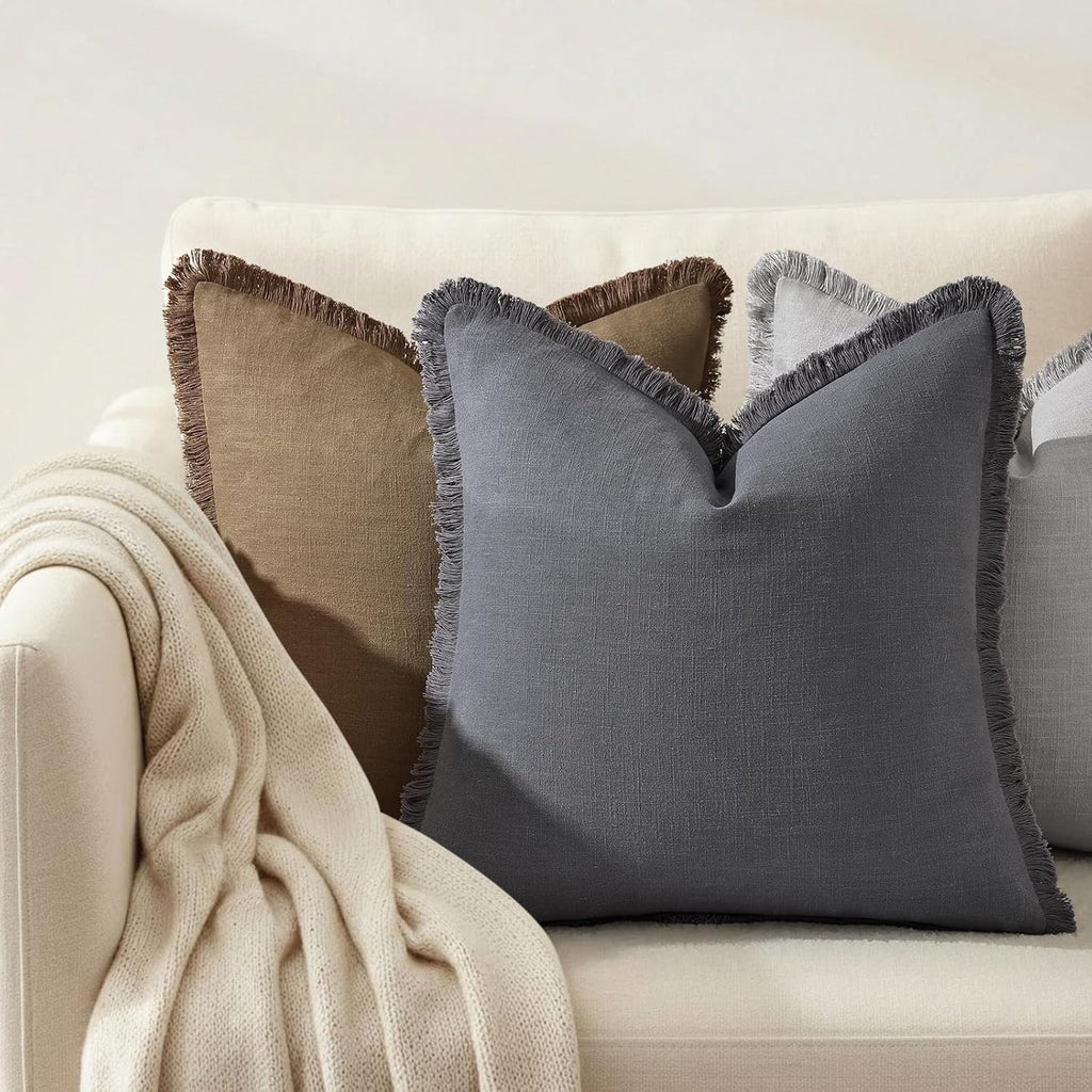 decorUhome Summer Decorative Neutral Linen Fringe Euro Sham Throw Pillow Covers Set of 2 Dark Grey Pillow Covers with Tassels Soft Farmhous…
