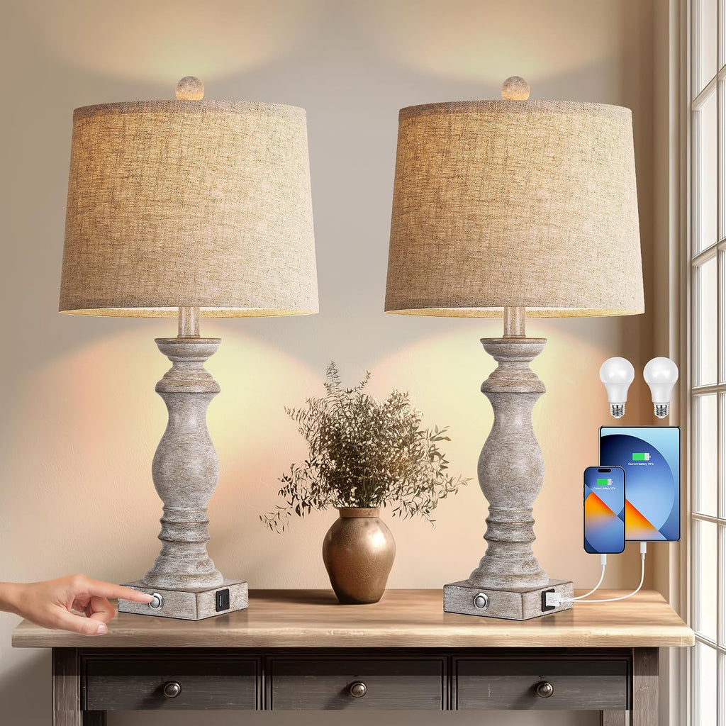 24.5" Table Lamp Set of 2, Rustic Farmhouse Bedside Lamps with USB A+C Charging Ports, 3-Way Dimmable Touch Control Nightstand Lamps for…