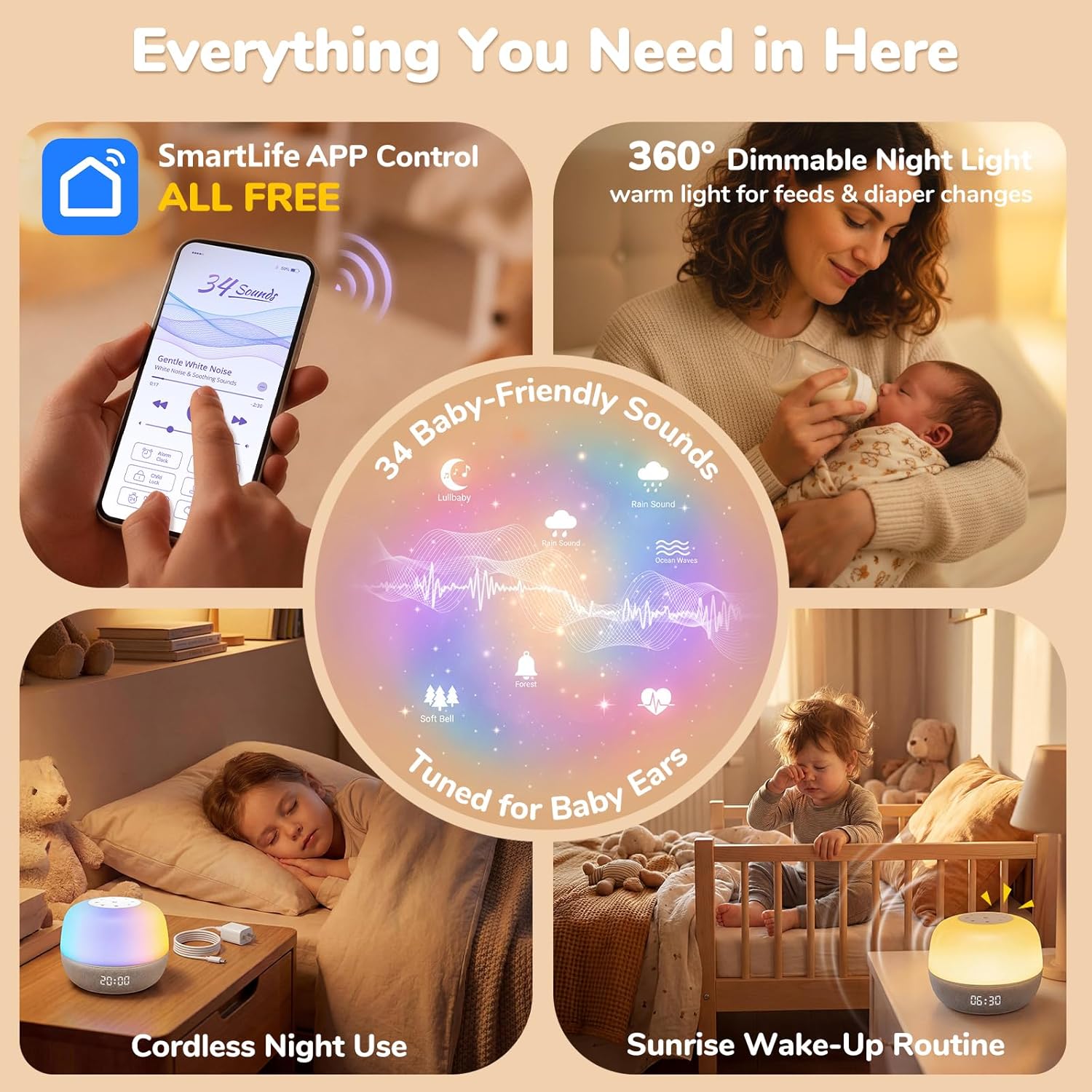 2025 Mom's Choice Awards | Sound Machine Baby White Noise Machine with Sunrise Alarm Clock & App Control – 360° RGB Night Light, Sleep…