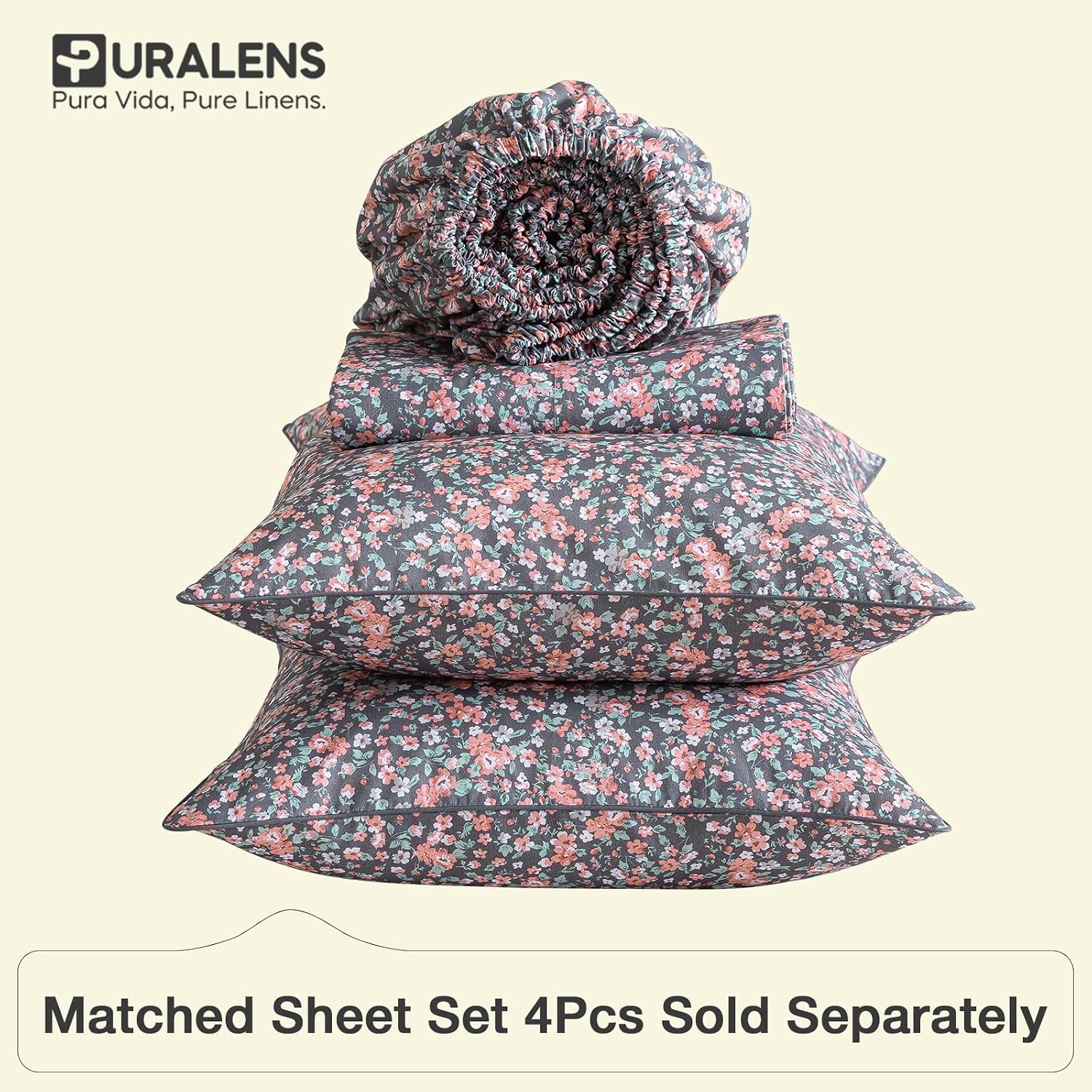 Puralens Dark Grey Vintage Floral Duvet Cover, King 100% Cotton Percale Pink Flower Comforter Cover Set, Shabby Chic Reversible Toile Bed C…