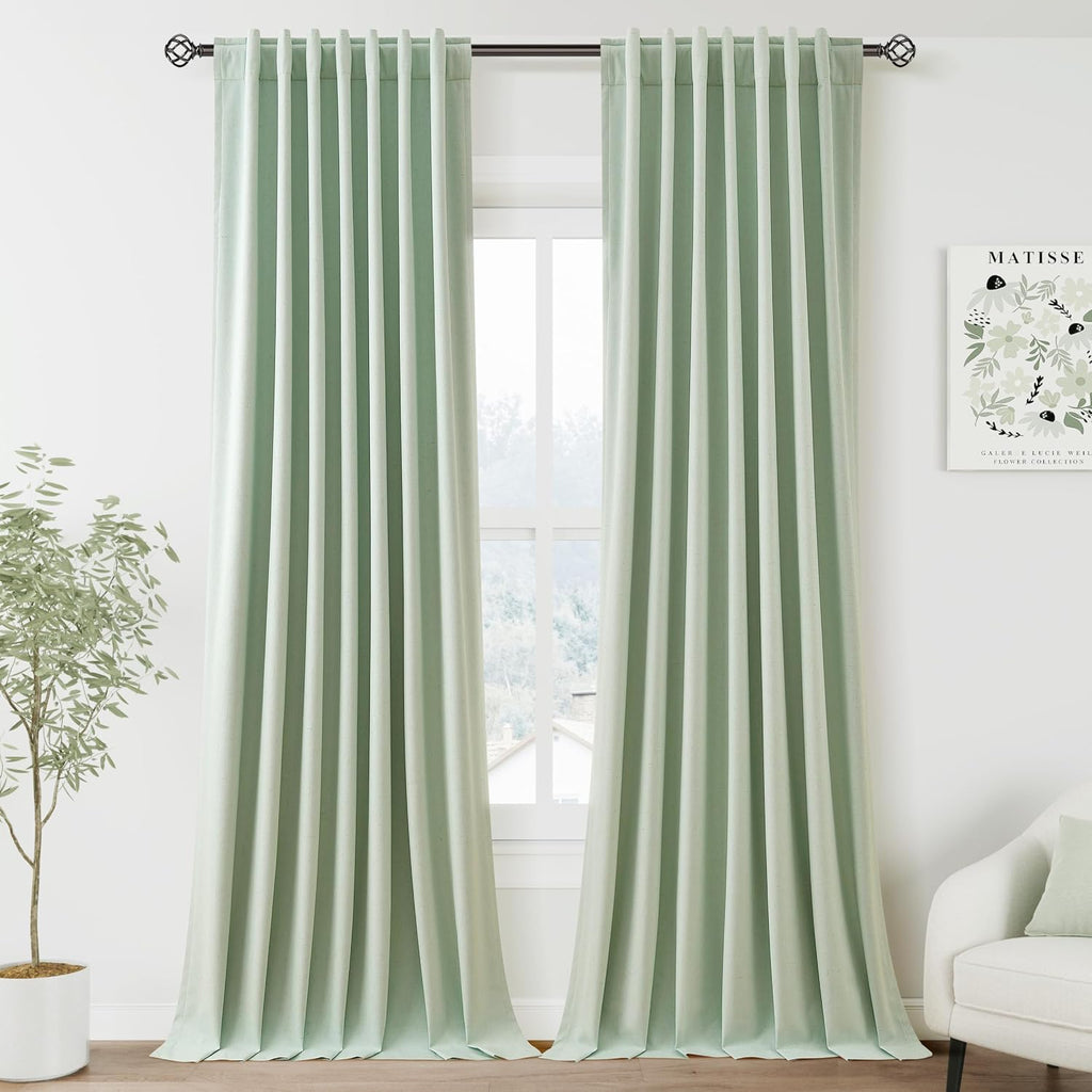 Nanspring Aqua Green 100% Blackout Linen Curtains for Bedroom 108 Inches Long Back Tab Rod Pocket Thermal Insulated Acoustic Panels Black o…