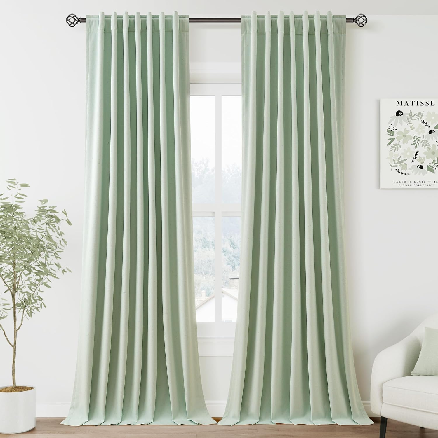 Nanspring Aqua Green 100% Blackout Linen Curtains for Bedroom 102 Inches Long Back Tab Rod Pocket Thermal Insulated Acoustic Panels Black o…