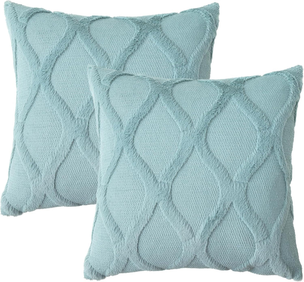 decorUhome Summer Throw Pillow Covers 16x16 Inch Set of 2, Soft Plush Faux Fur Wool Aqua Accent Couch Pillow Covers for Modern Farmhouse Be…