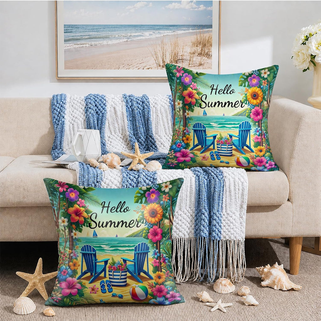 BlissYard Hello Summer Beach Throw Pillow Covers 18x18 Coastal Decorative Pillow Covers Tropical Floral Summer Cushion Covers Seaside…