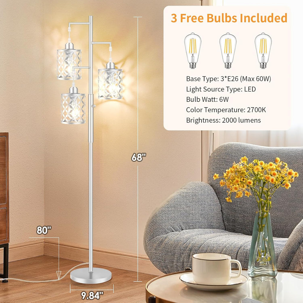 Dimmable Floor Lamp, Farmhouse Standing Lamp with Elegant Metal Cages, Industrial Tall Tree Floor Lamps for Living Room, Bedroom, Study…