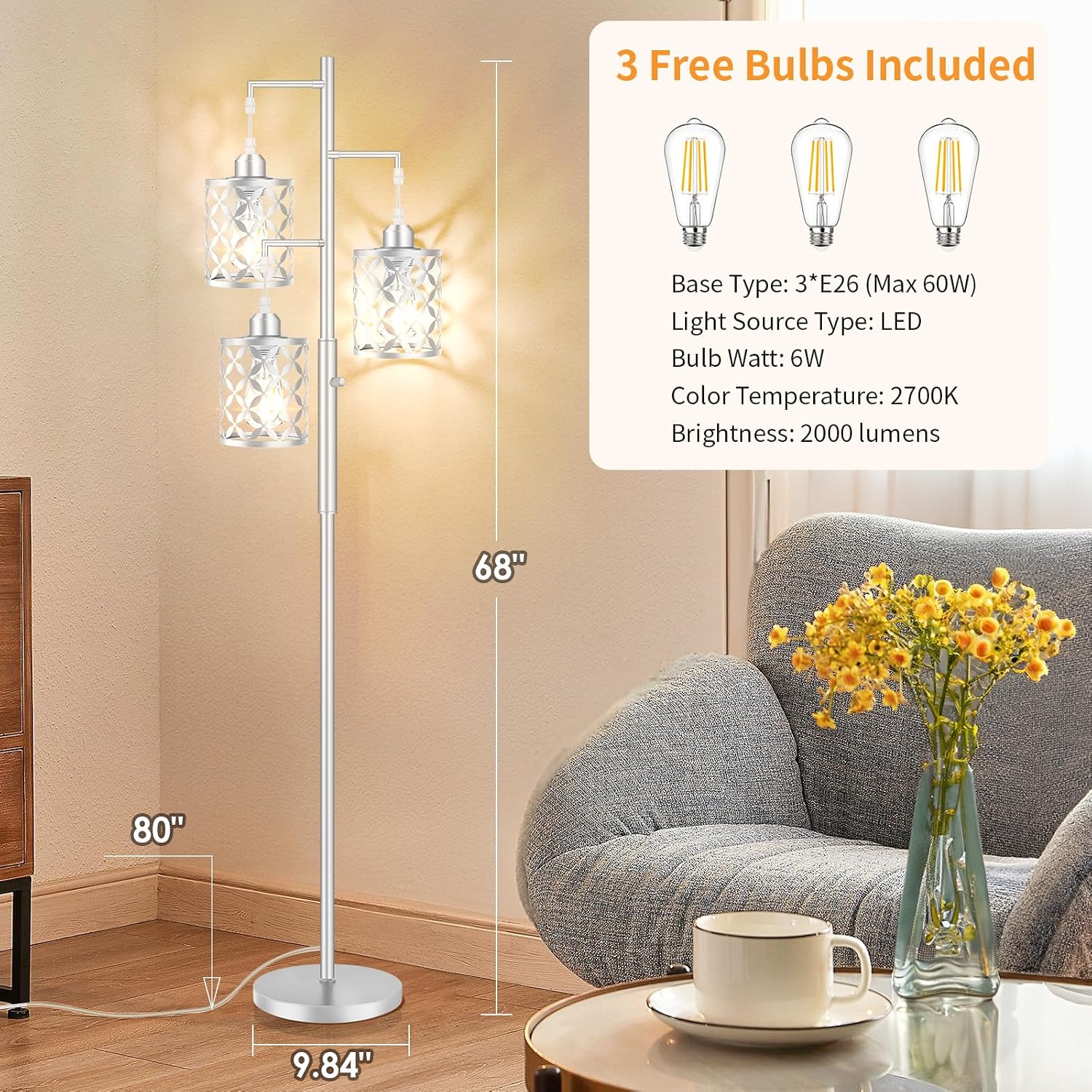 Dimmable Floor Lamp, Farmhouse Standing Lamp with Elegant Metal Cages, Industrial Tall Tree Floor Lamps for Living Room, Bedroom, Study…