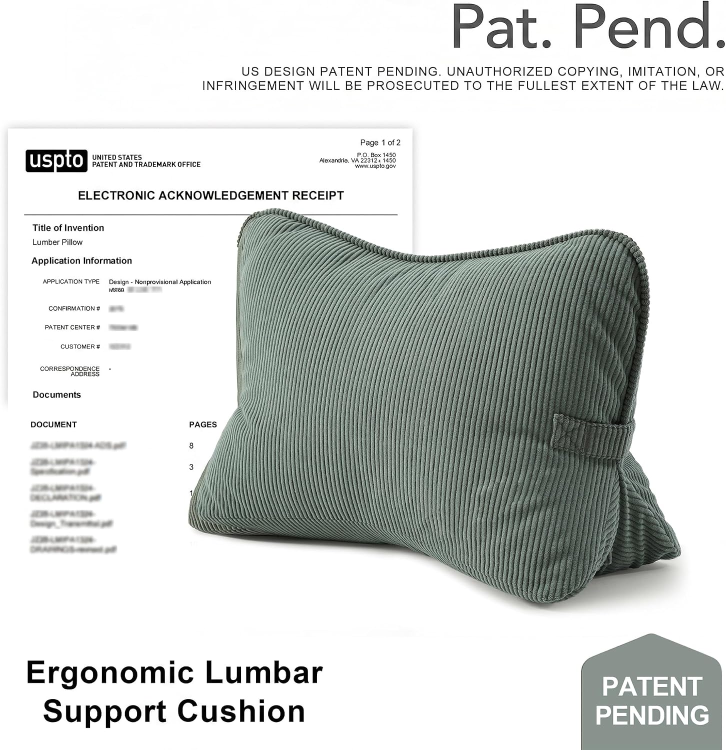 Ailuteie Pat. Pend. Corduroy Lumbar Support Pillow for Sitting and Posture Support, Triangle Cushion for Bed, Sofa or Couch, Reading Back P…