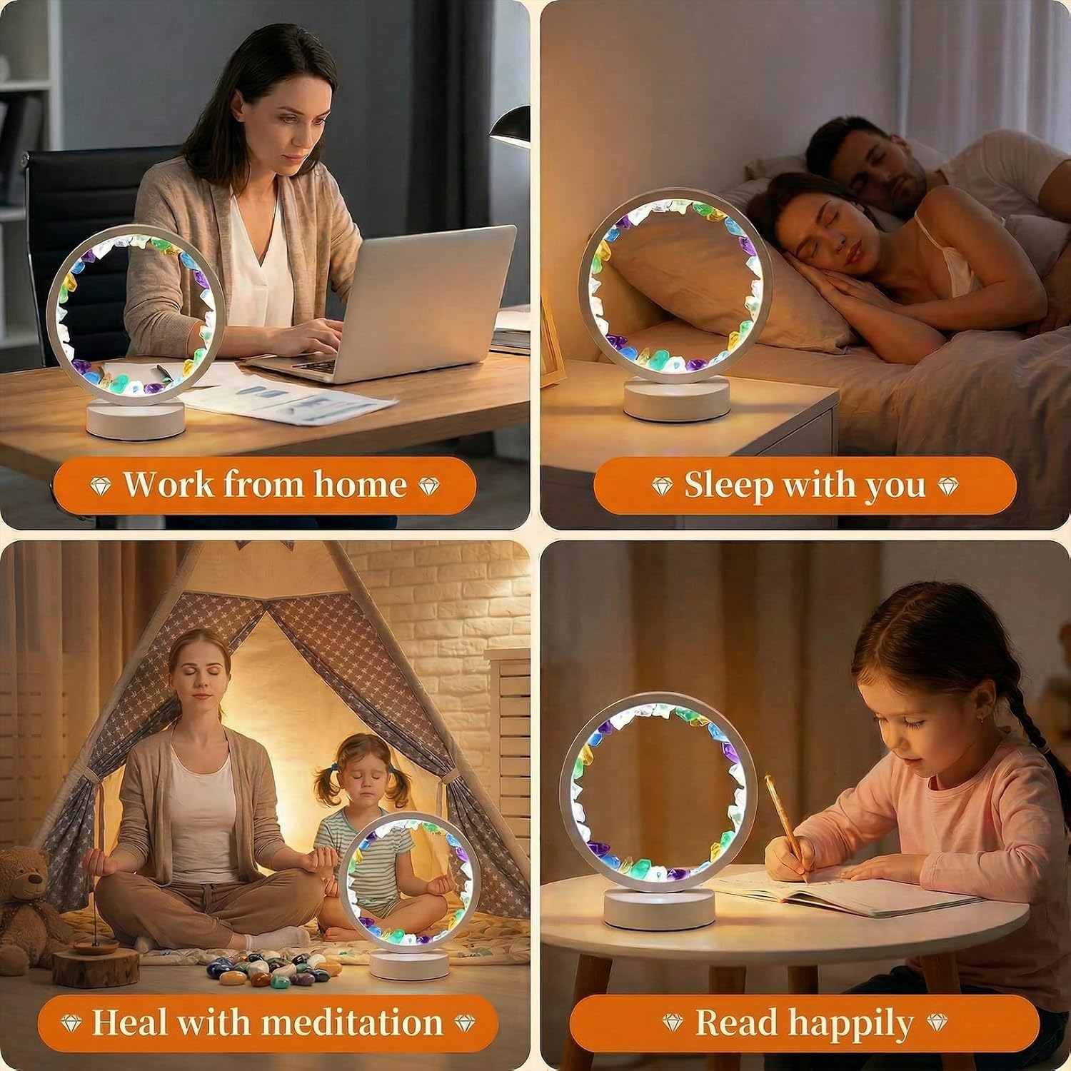 Runyansghi Chroma Gravel Night Lamp 8.6" Natural Healing Crystal Bedside Lamp USB Port 3 Colours Dimming Mode Bedroom Lamp Suitable Night…