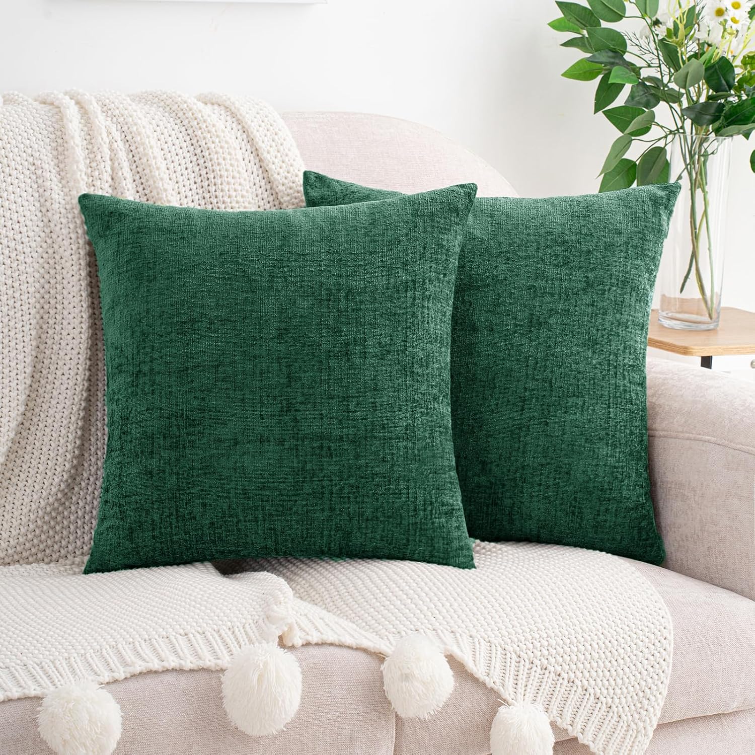 Hwy50 HWY 50 Dark Green Couch Pillow Covers 22x22 Inch Pack of 2, Soft Chenille Decorative Throw Pillow Cases Farmhouse for Sofa Living Roo…