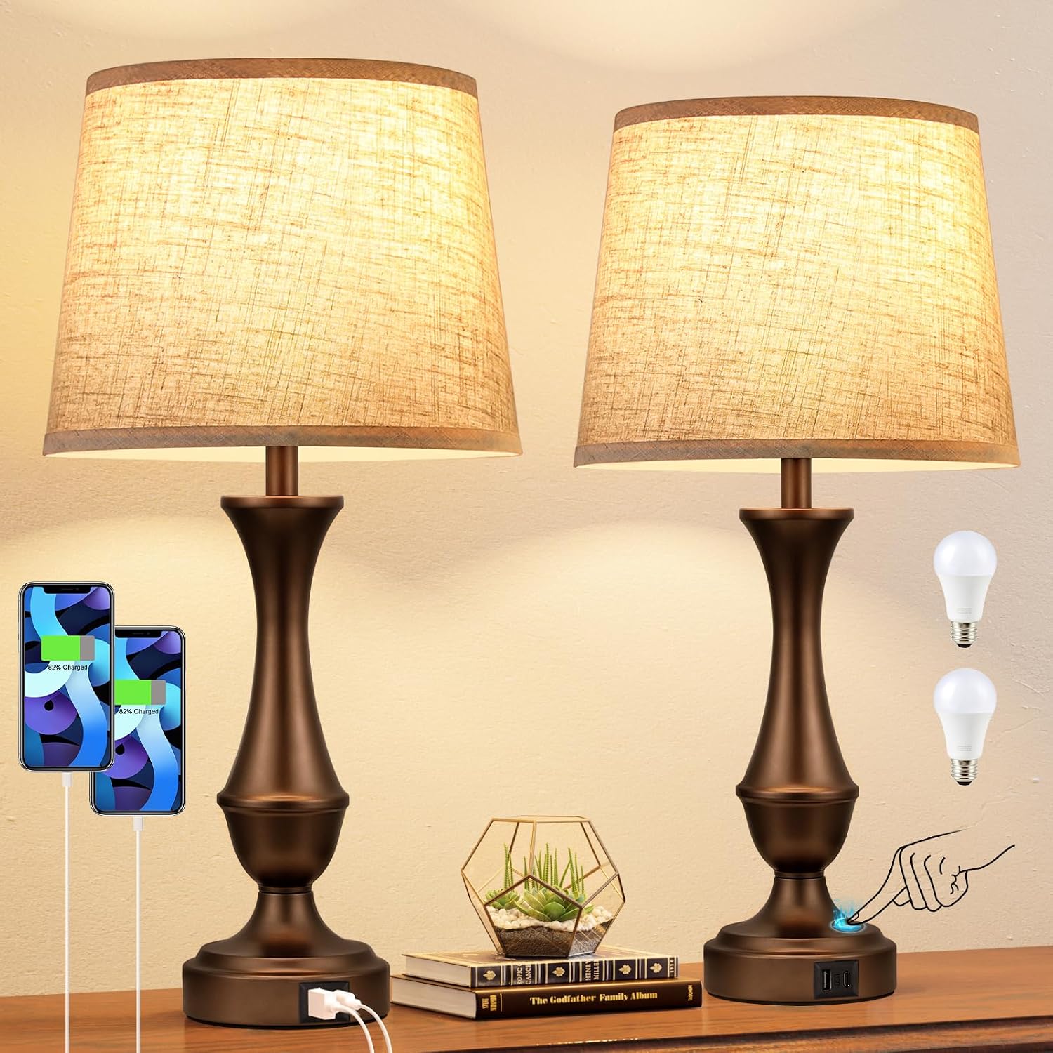 Seealle Upgraded Touch Lamps for Night Stands Set of 2 - Bedside Lamps with USB C+A, 3 Way Dimmable for Bedroom Living Room End Tables…