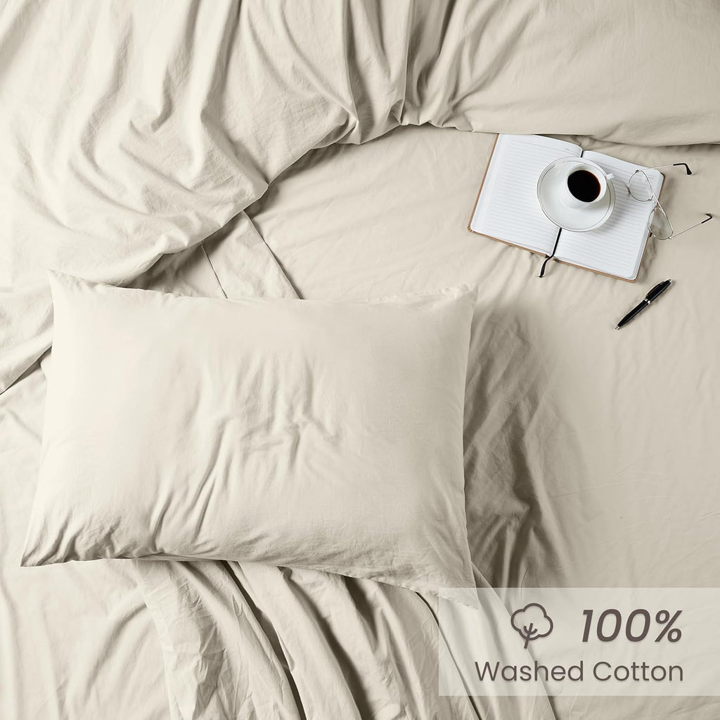 Bioweaves 100% Organic Washed Cotton Percale Weave Pillow Cases Standard Size GOTS Certified Queen Pillow Covers, Envelope Closure – Set of…