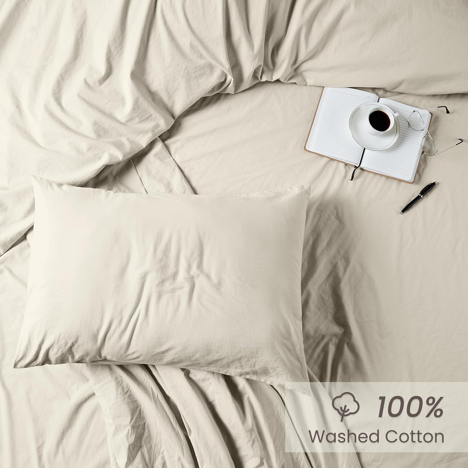 Bioweaves 100% Organic Washed Cotton Percale Weave Pillow Cases Standard Size GOTS Certified Queen Pillow Covers, Envelope Closure – Set of…