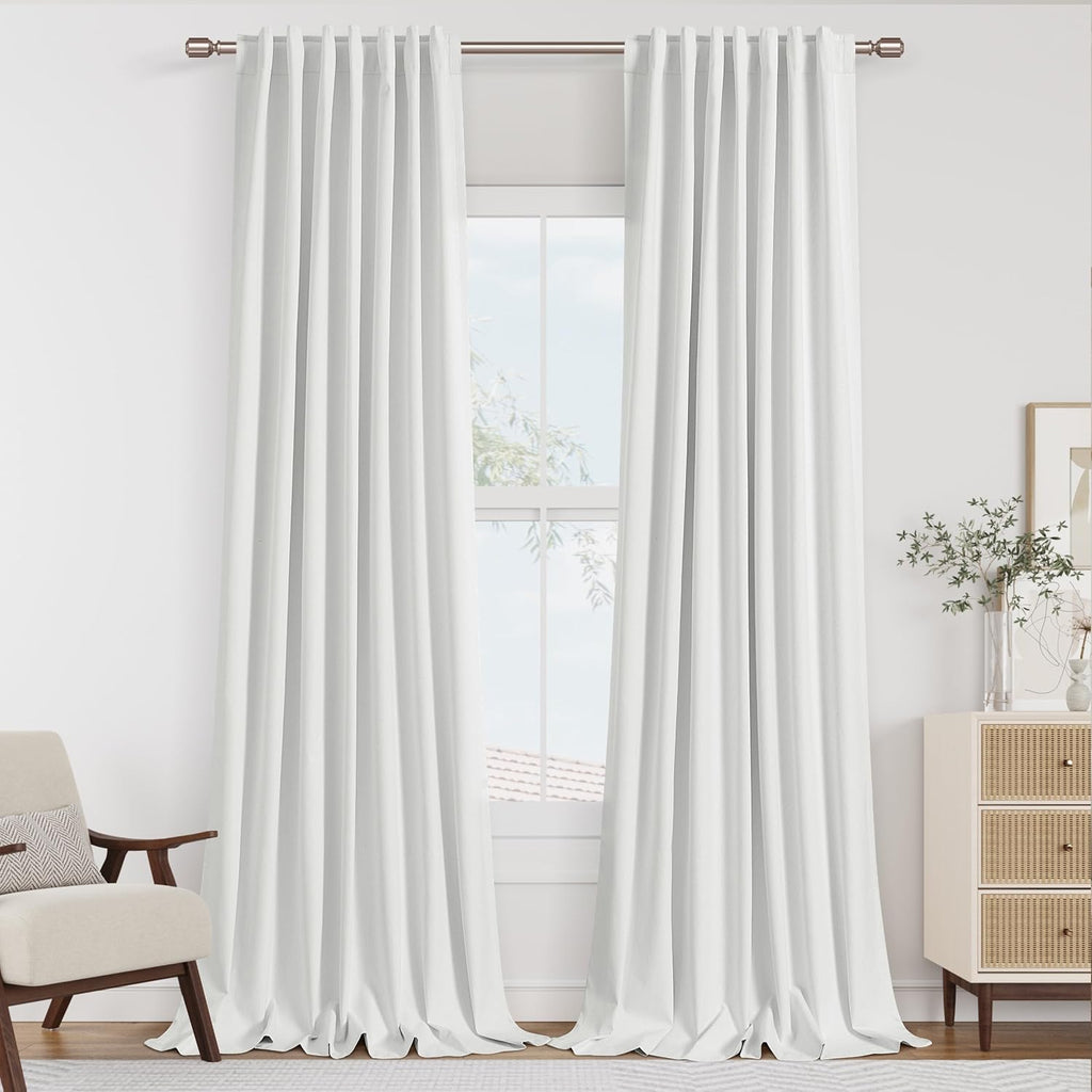 Guken White 100% Blackout Linen Curtains 102 Inch Length 2 Panels Set for Living Room Bedroom Back Tab Rod Pocket Thermal Insulated Black O…
