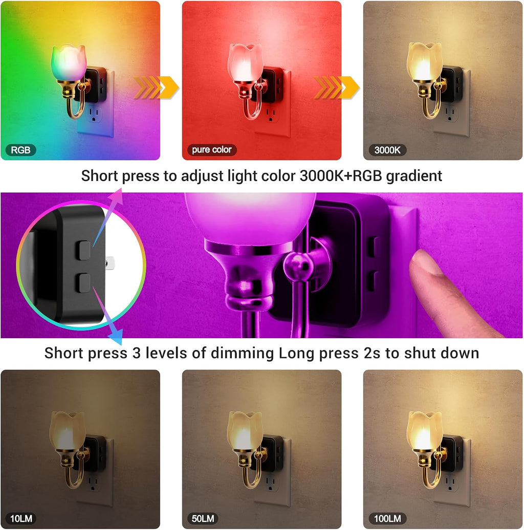 JandCase Night Light, Night Lights Plug into Wall, Glass Tulip LED Nightlight, Color Changing Dimmable Flower Nightlights, Dusk to Dawn…