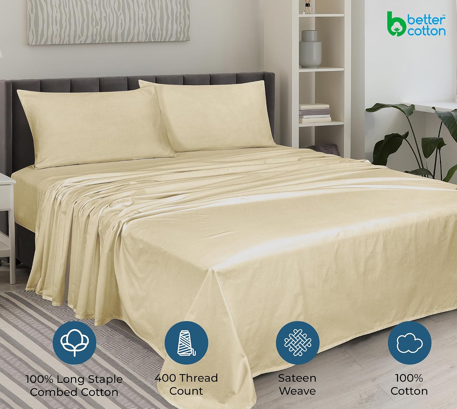 Royalelinens ROYALE LINENS 400 Thread Count 100% American Grown Cotton 4 Piece Sateen Queen Sheet Set - 1 Fitted Sheet, 1 Flat Sheet, 2 Pil…