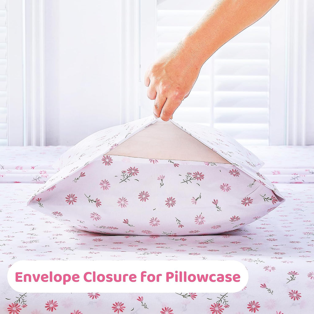 mooreeke Cozy Vintage Microfiber Printed Floral Full Sheet Set - Soft & Breathable Pink Daisy Bed Sheets with Extra Deep Pocket - Non-Slip…