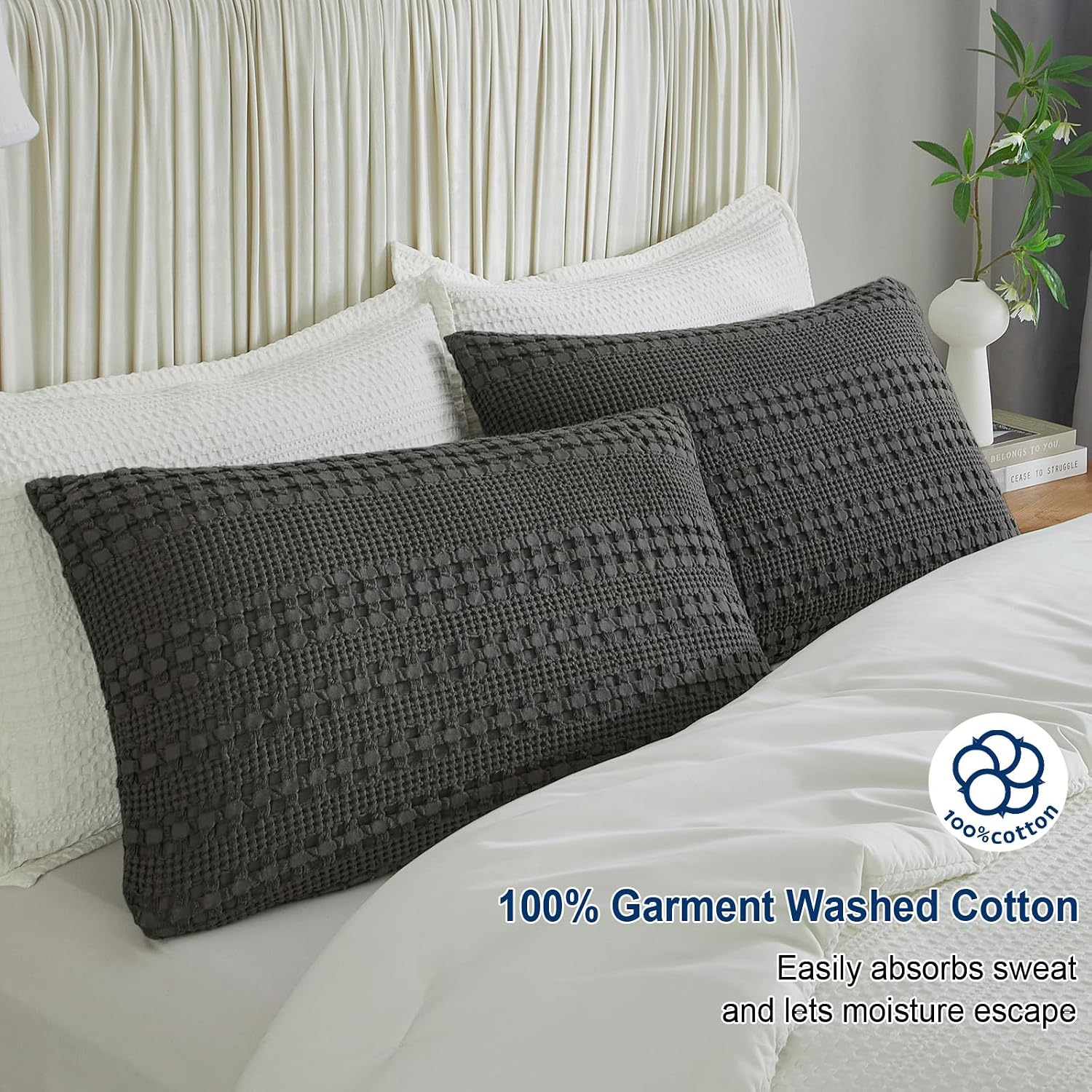 Phf 100% Cotton Waffle Pillow Shams Standard Size, 2 Pack 20" x 26" Soft Skin-Friendly Pillowcases, No Filling, Aesthetic Woven and Breatha…