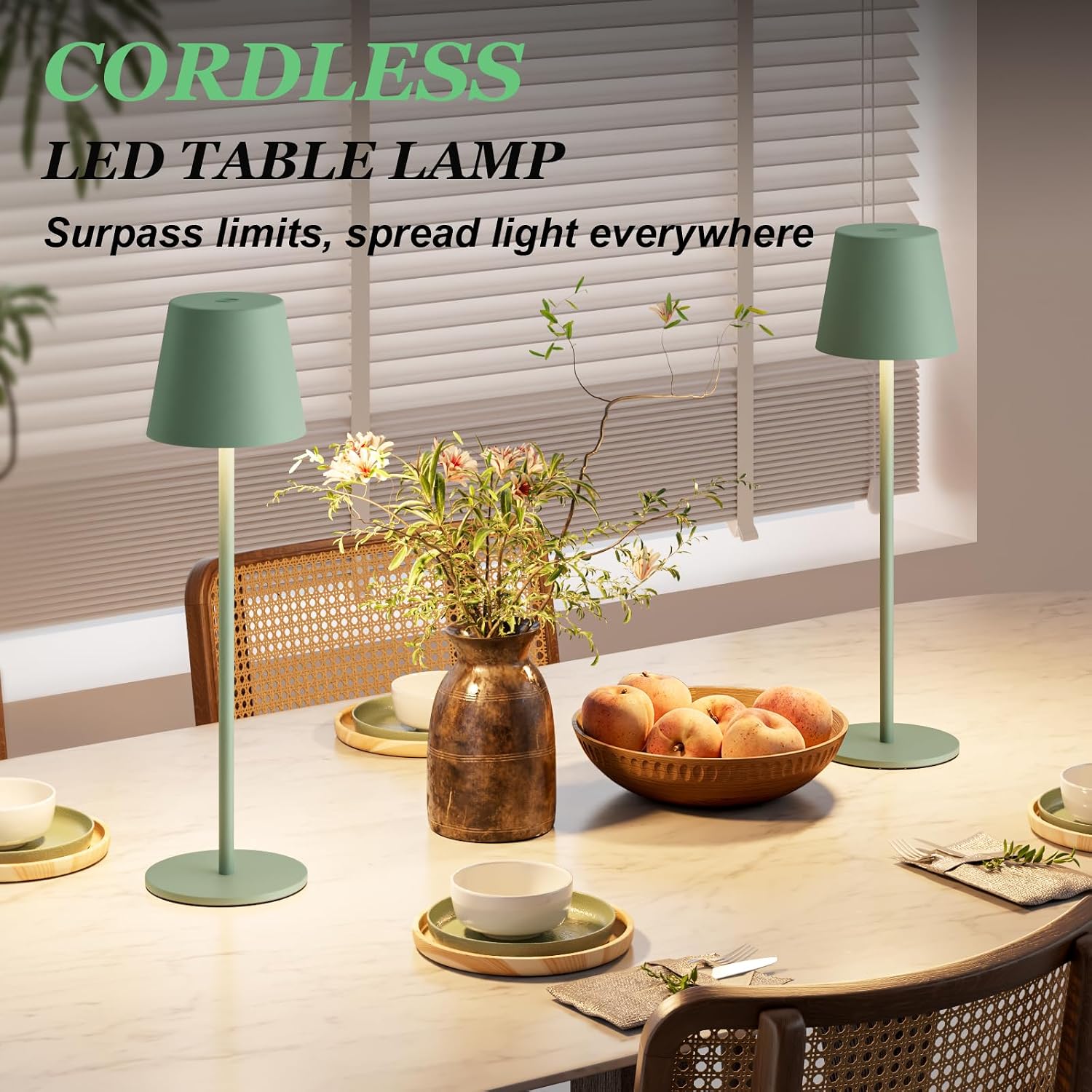 Kakanuo Cordless Table Lamp Rechargeable Green - KK 2 Pack 5000mAH Battery Operated Lamp for Dining Table, 3 Color Stepless Dimming…