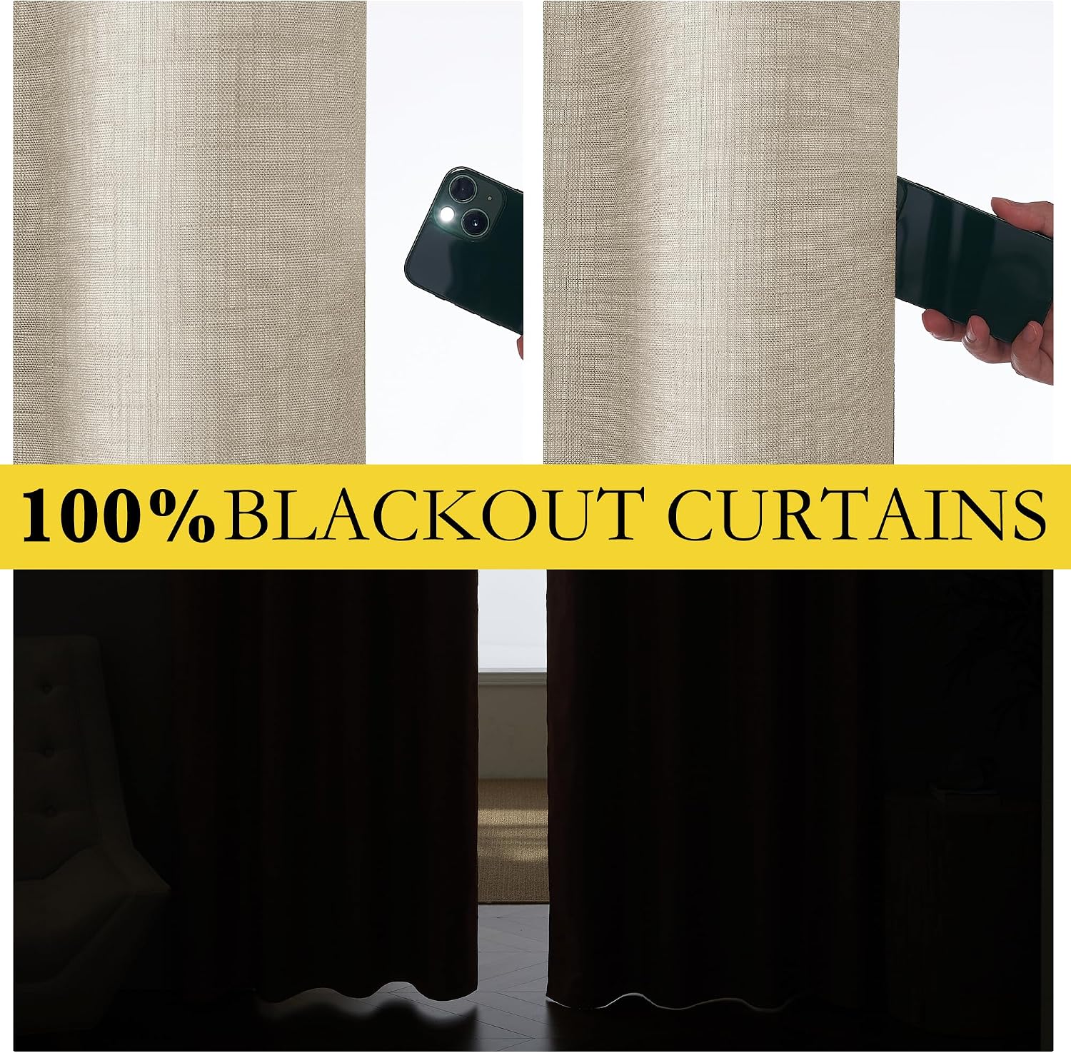 NICETOWN Taupe 100% Blackout Linen Curtains 84 inch Long Burg, Farmhouse Thick Completely Blackout Window Treatment Panels Thermal…