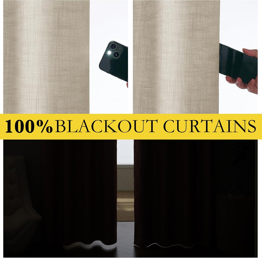 NICETOWN Taupe 100% Blackout Linen Curtains 72 inch Long Burg, Farmhouse Thick Completely Blackout Window Treatment Panels Thermal…