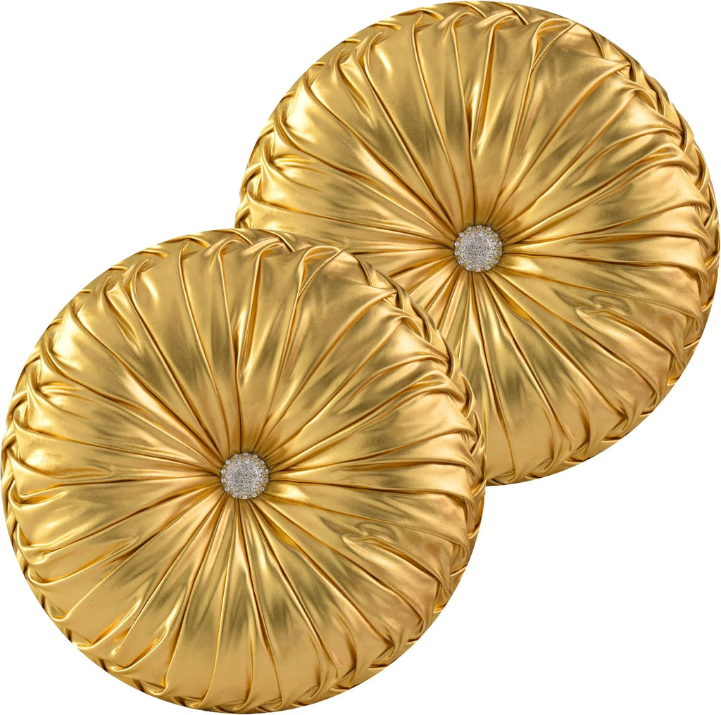 HIG Set of 2 Handcrafted Gold Ruched Round Throw Pillows – 14.5’’ Metallic Leather Decorative Pillows with Soft Polyester Filling for…
