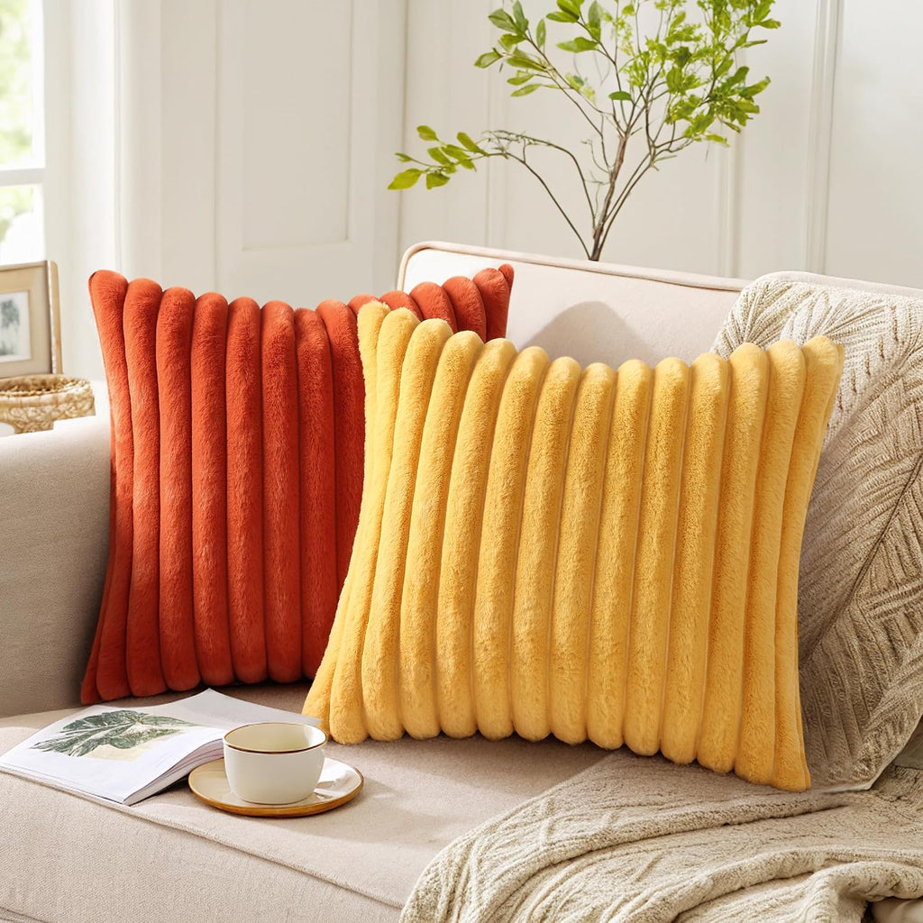 Pallene Faux Fur Plush Throw Pillow Covers 22x22 Set of 2, Luxury Soft Fluffy Striped Decorative Pillow Covers for Sofa, Couch, Living…