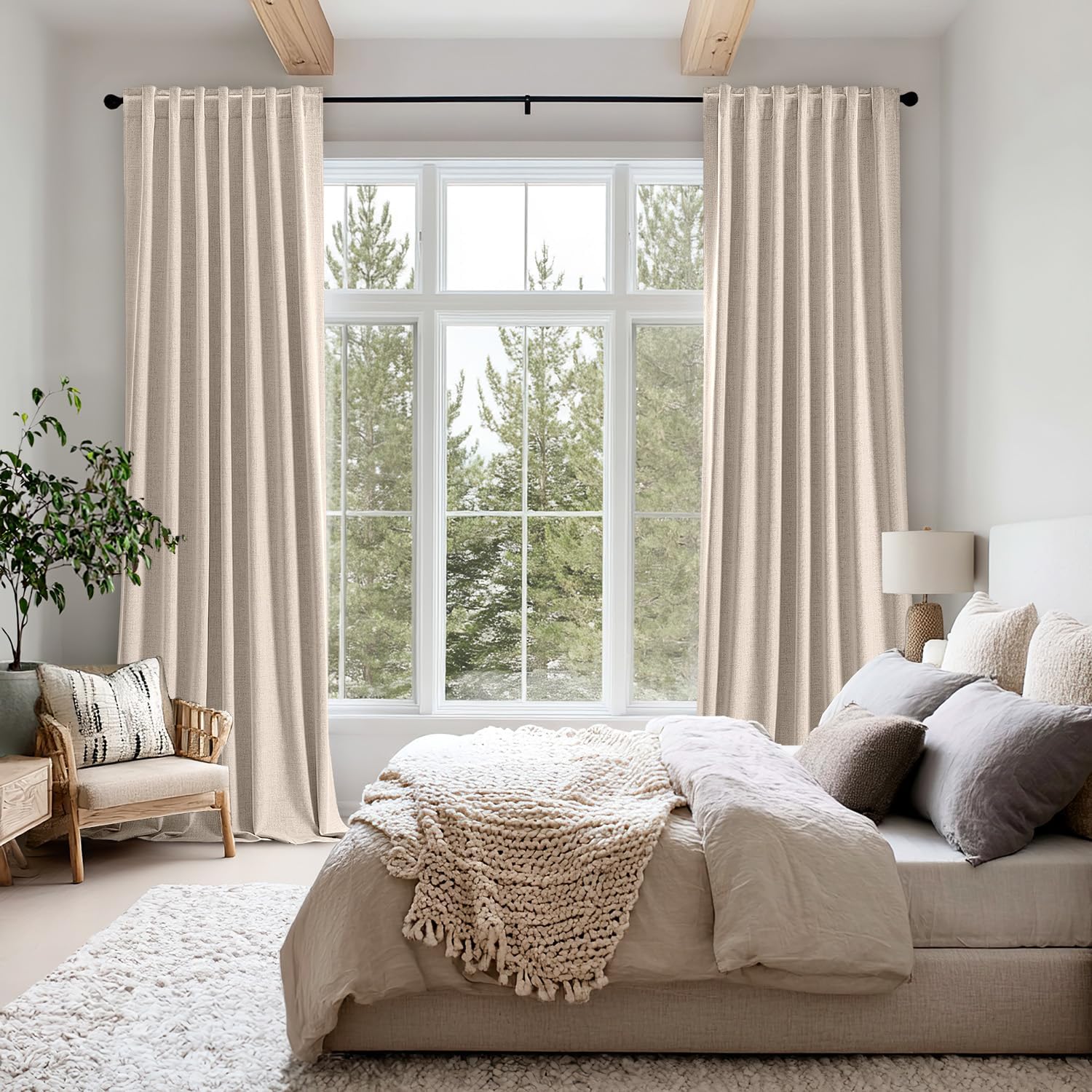 Miulee 100% Blackout Linen Curtains for Bedroom, Natural Solid Luxury Decor Thermal Insulation Room Darkening Drapes for Living Room Nurser…